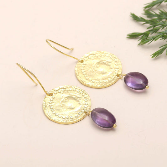 Hypoallergenic Brass Textured Drop Earrings with Amethyst Cabochons