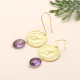 Hypoallergenic Brass Textured Drop Earrings with Amethyst Cabochons