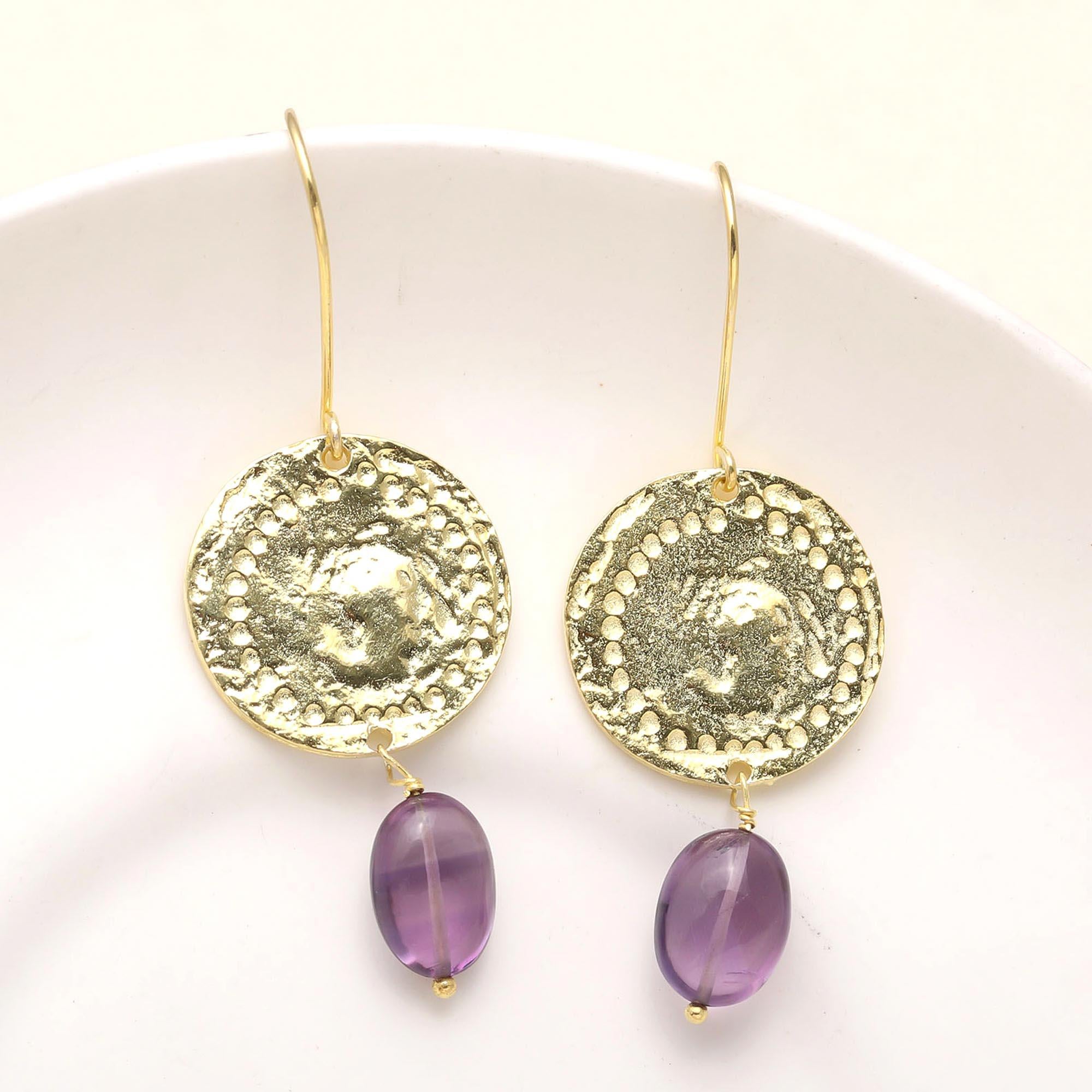 Hypoallergenic Brass Textured Drop Earrings with Amethyst Cabochons