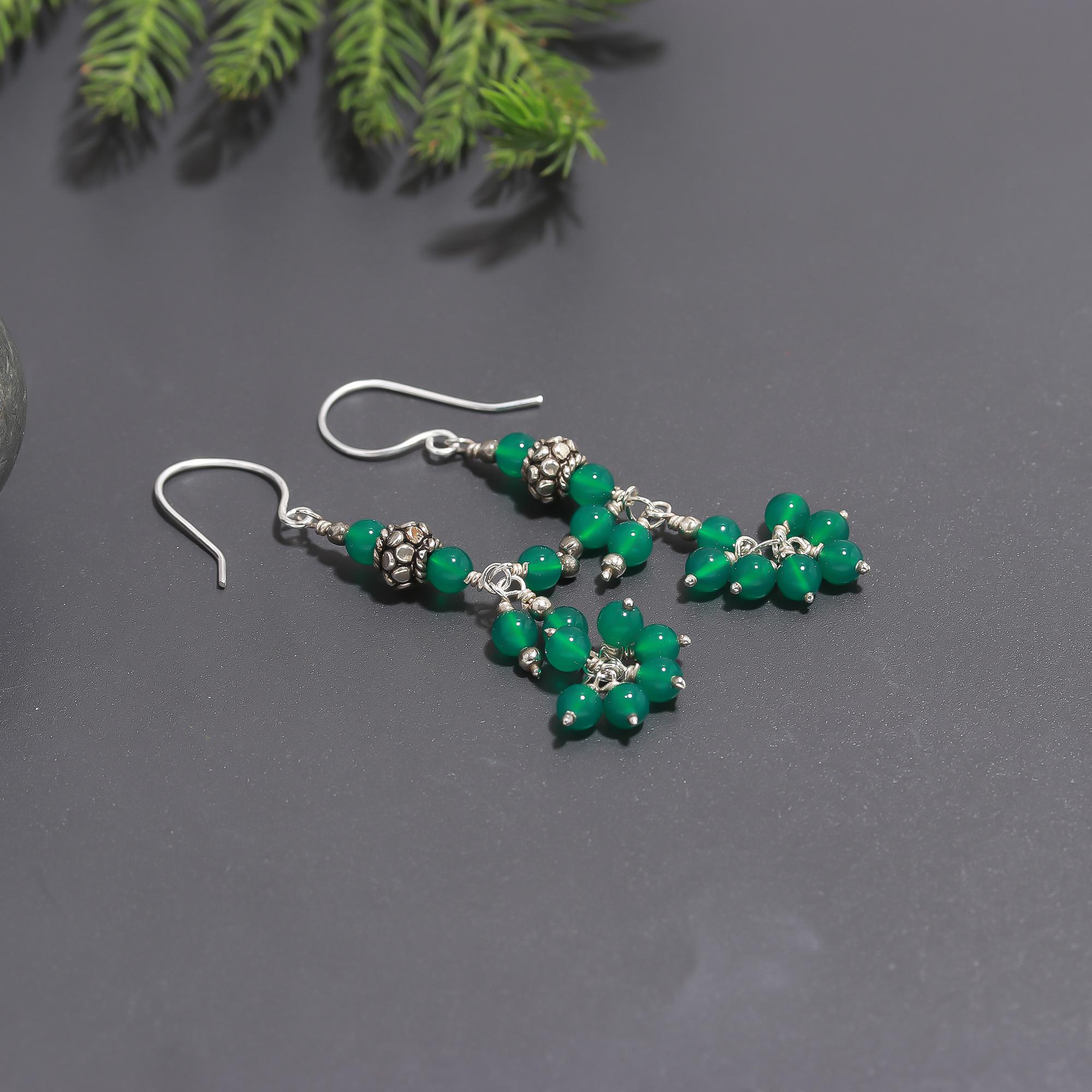 925 Silver Green Onyx Cluster Drop Earrings