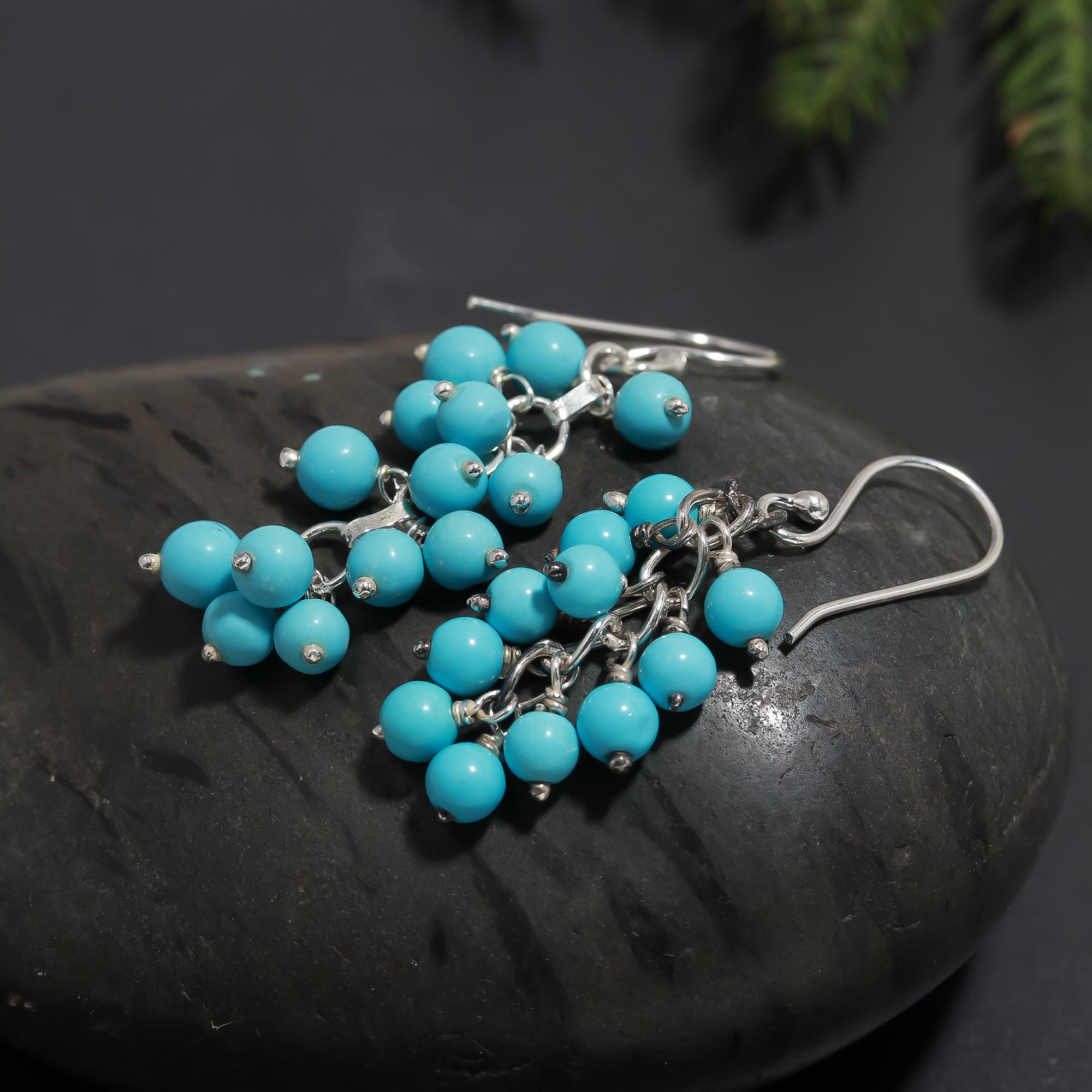 925 Silver Turquoise Cluster Beaded Dangle Earrings