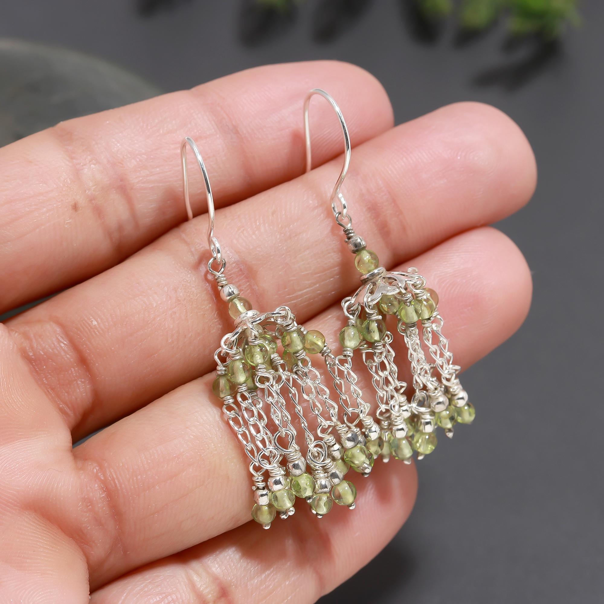 925 Silver Peridot Beaded Tassel Dangle Earrings