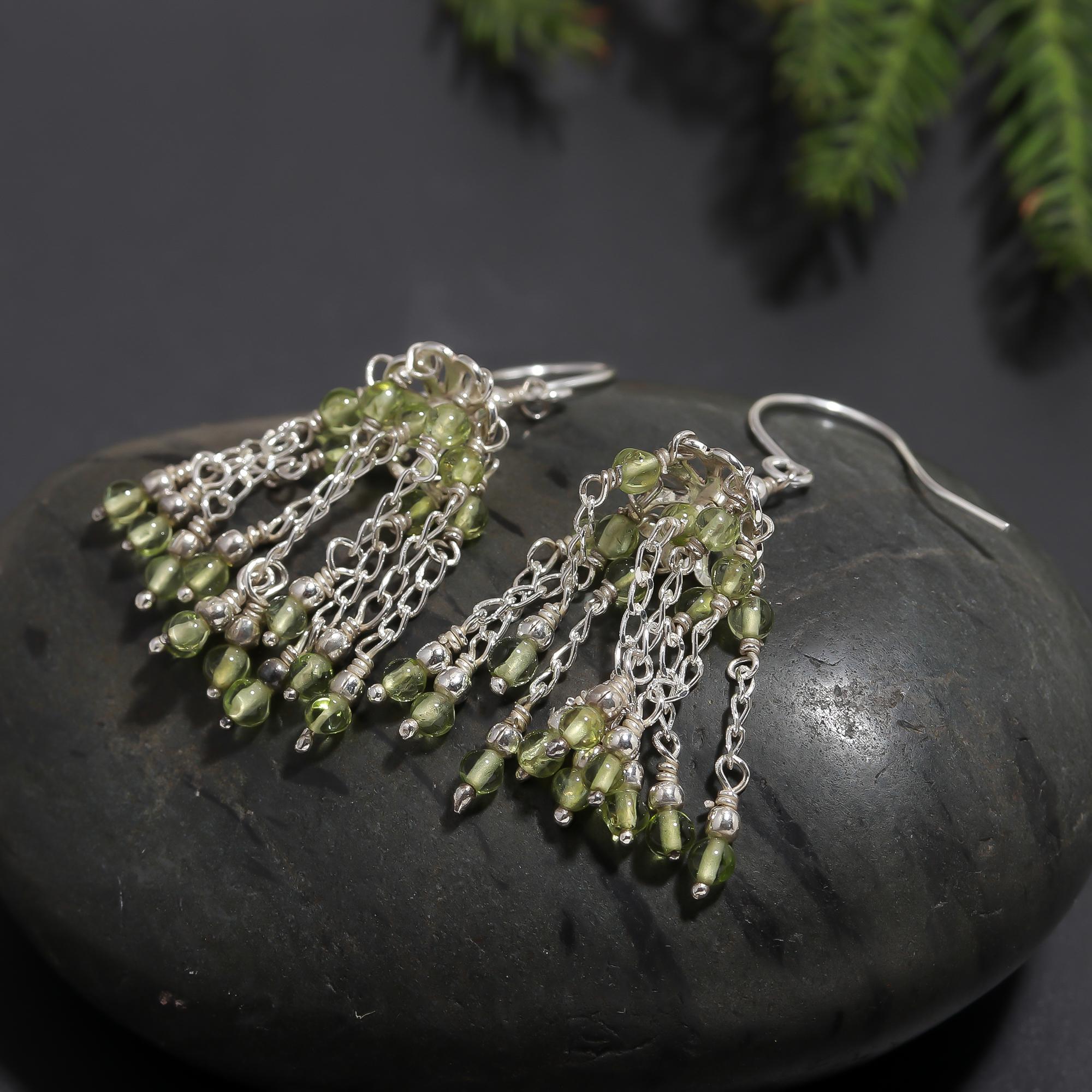 925 Silver Peridot Beaded Tassel Dangle Earrings