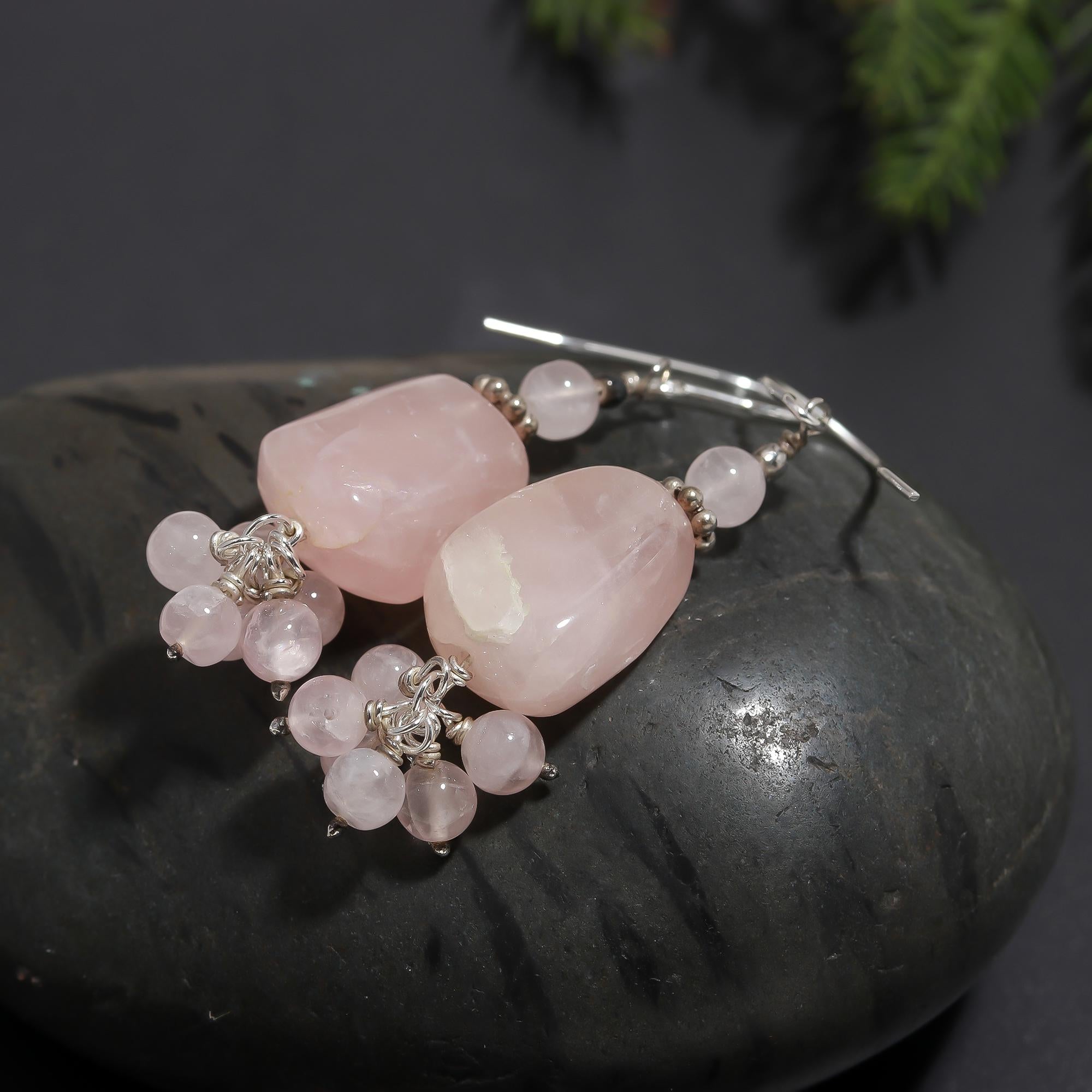 925 Silver Rose Quartz Dangle Earrings