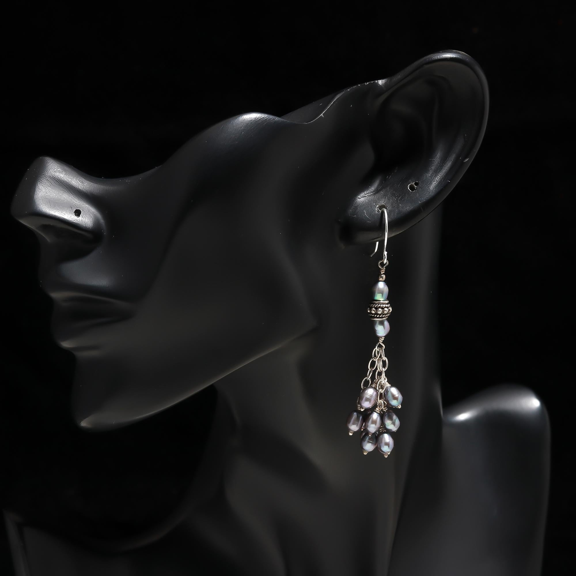 925 Silver Grey Pearl Tassel Dangle Earrings