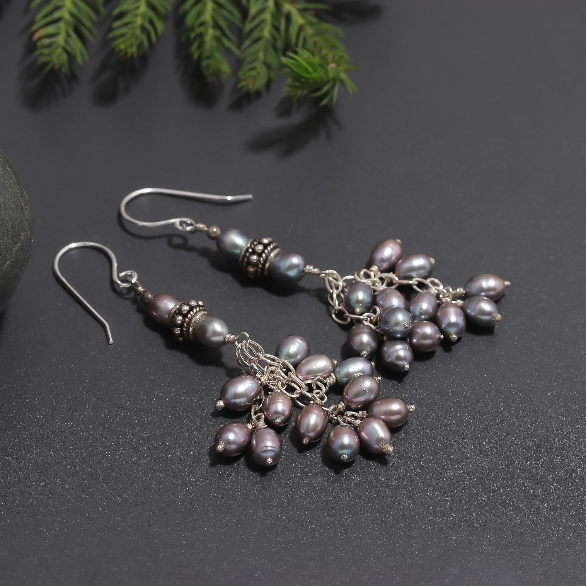 925 Silver Grey Pearl Tassel Dangle Earrings