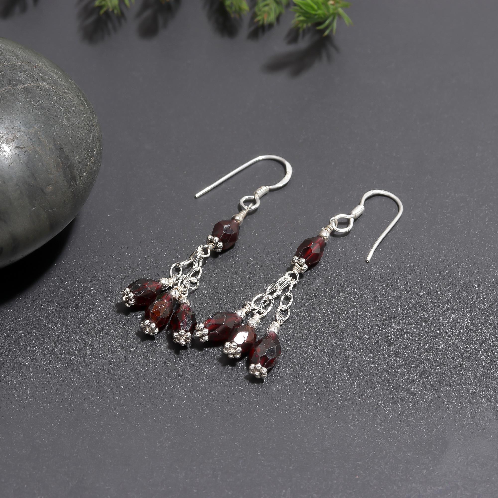 925 Silver Garnet Beads Tassel Dangle Earrings