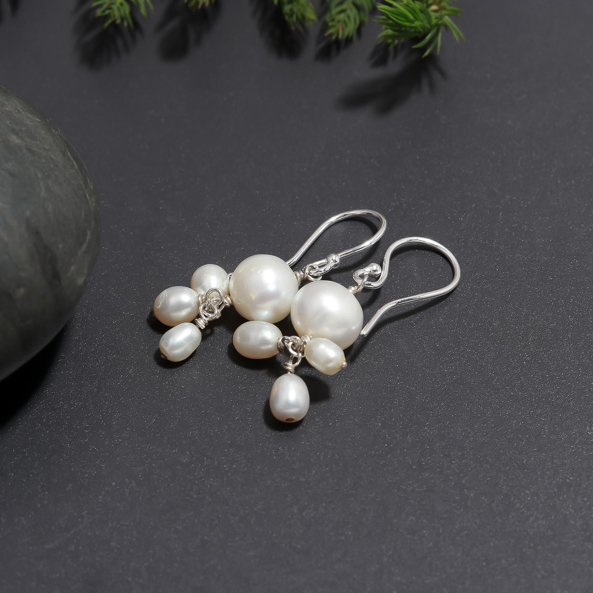 925 Silver White Pearl Cluster Dangle Earrings