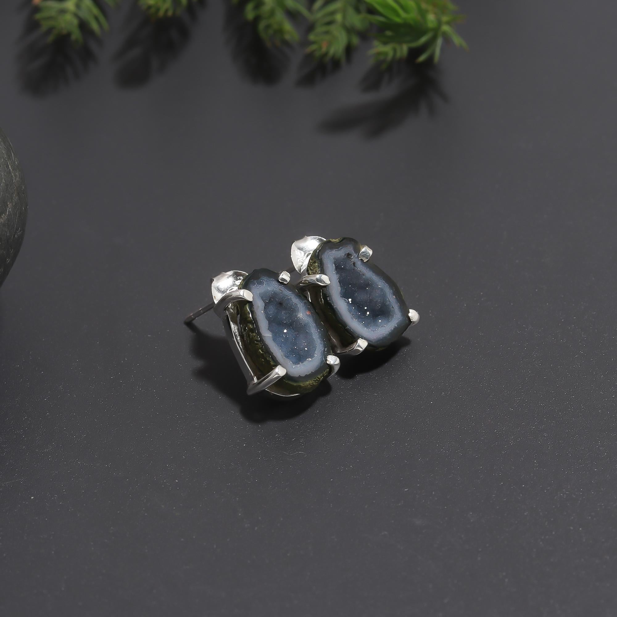 925 Silver Natural Druzy Slice Stud Earrings