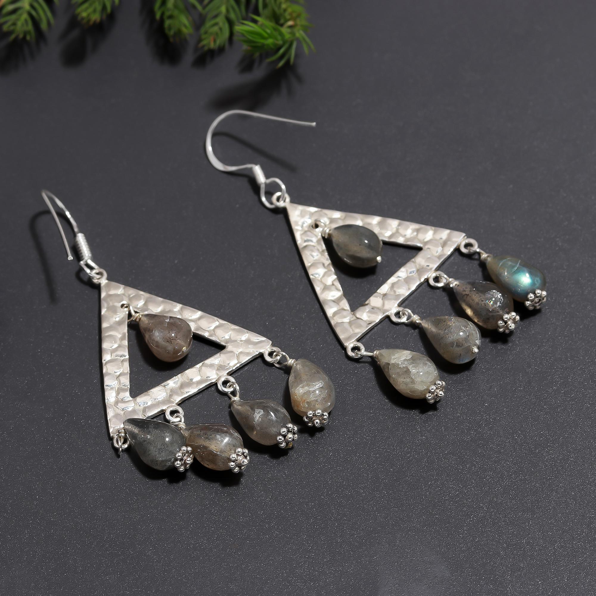 925 Silver Hammered Triangle Labradorite Dangle Earrings