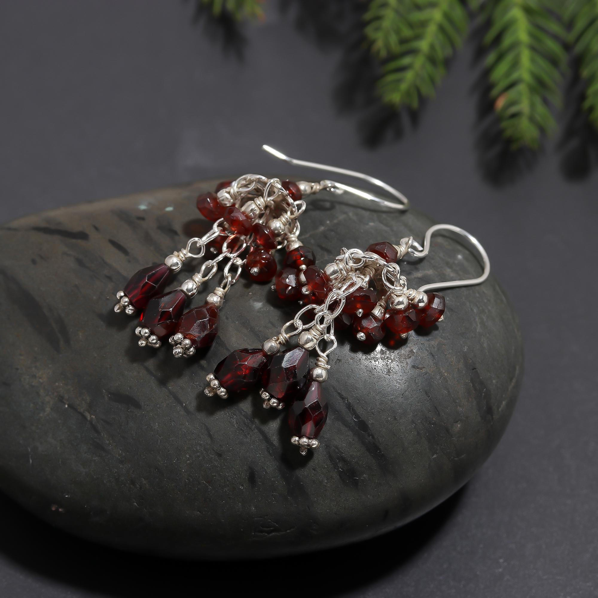 925 Silver Garnet Beads Cluster Dangle Earrings