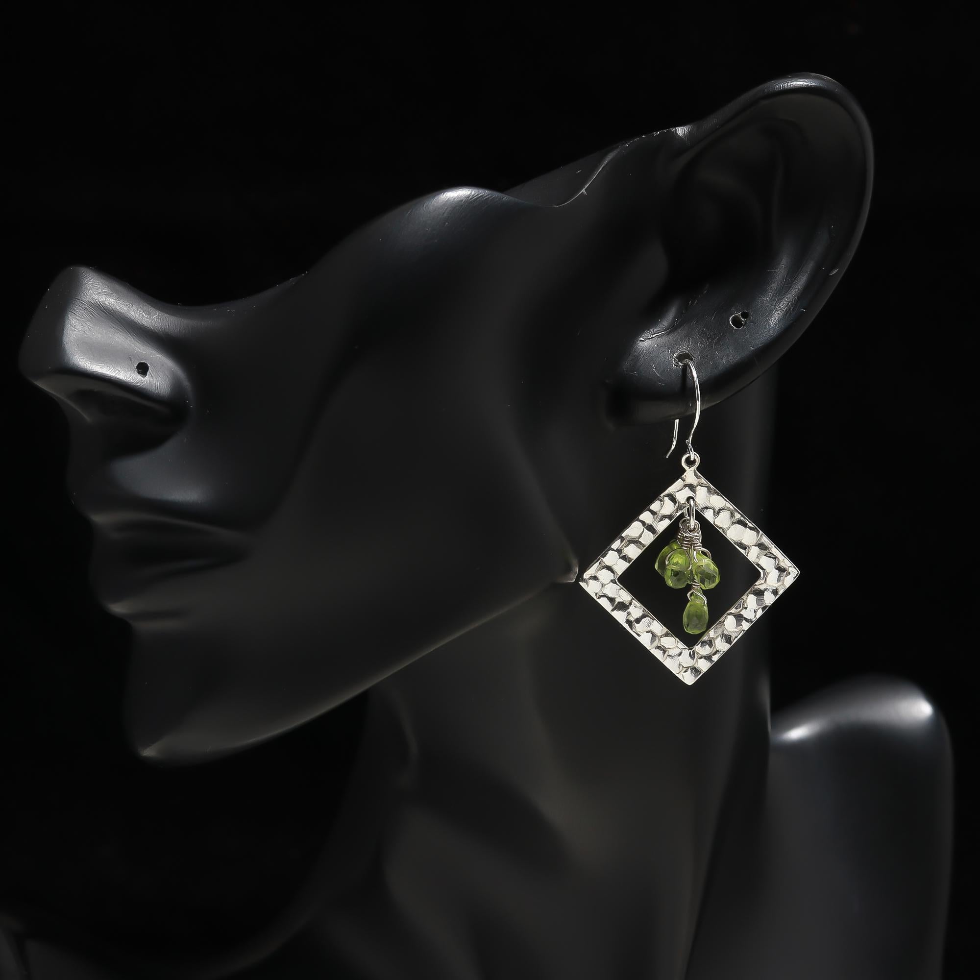 925 Silver Hammered Square Peridot Dangle Earrings