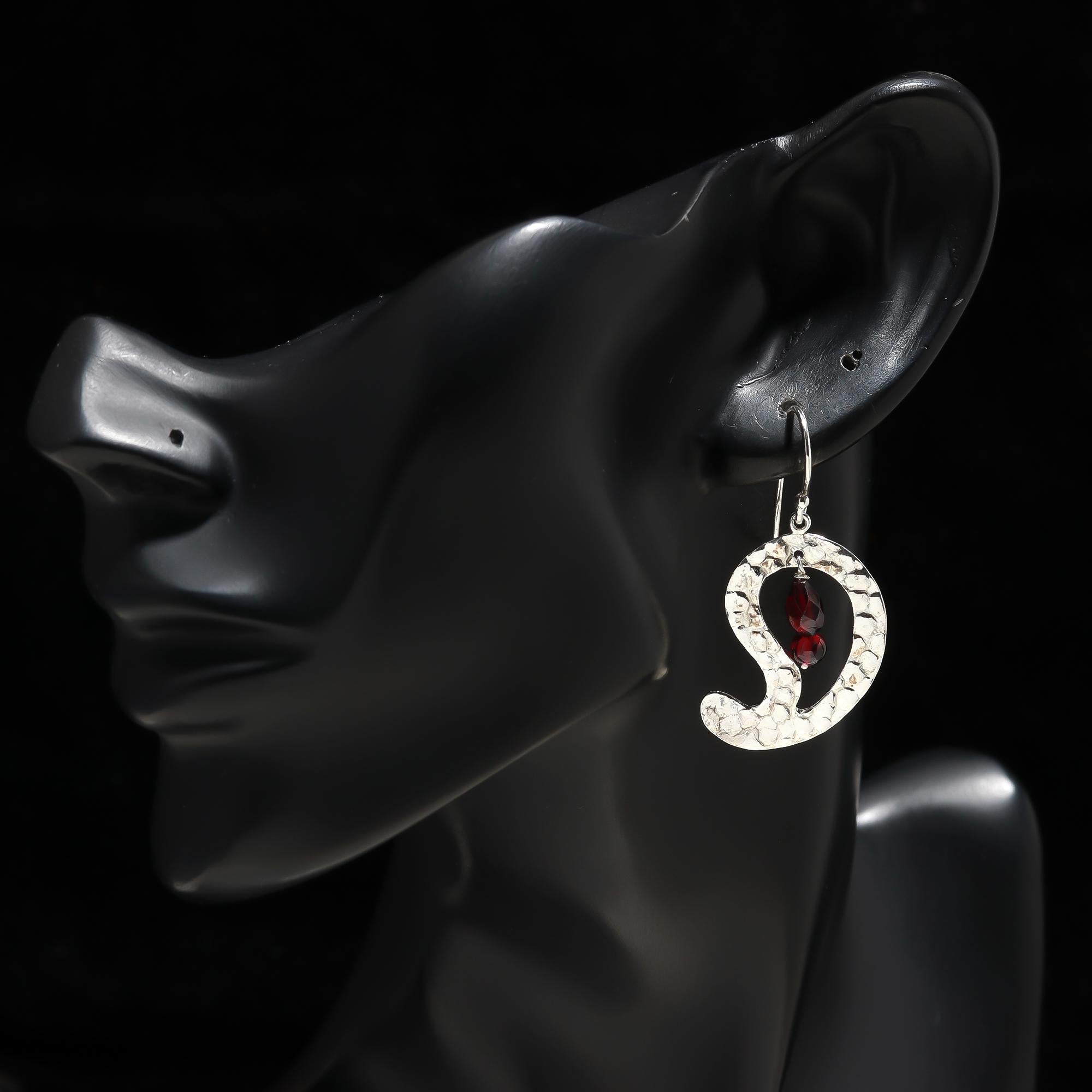 925 Silver Hammered Swirl Garnet Dangle Earrings