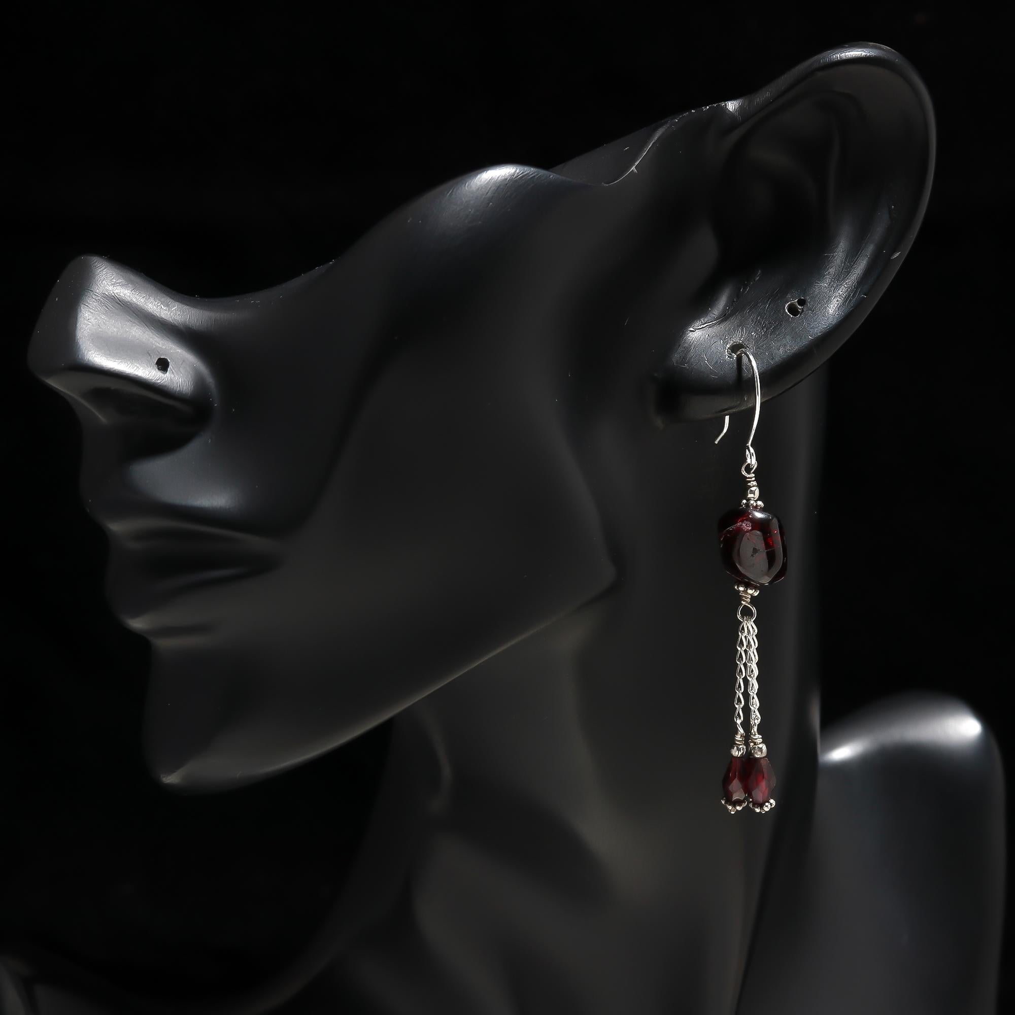 925 Silver Garnet Nugget Tassel Dangle Earrings