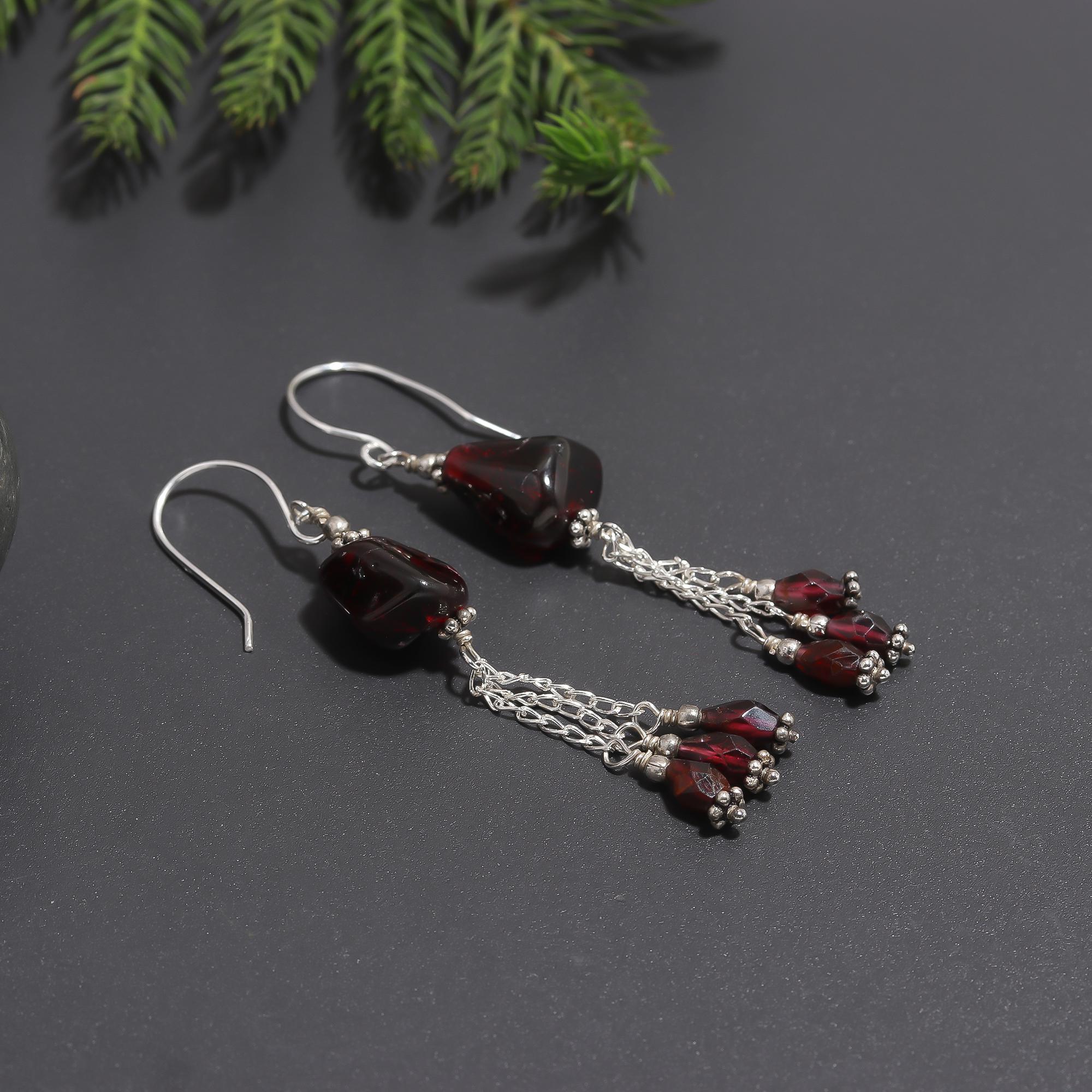 925 Silver Garnet Nugget Tassel Dangle Earrings