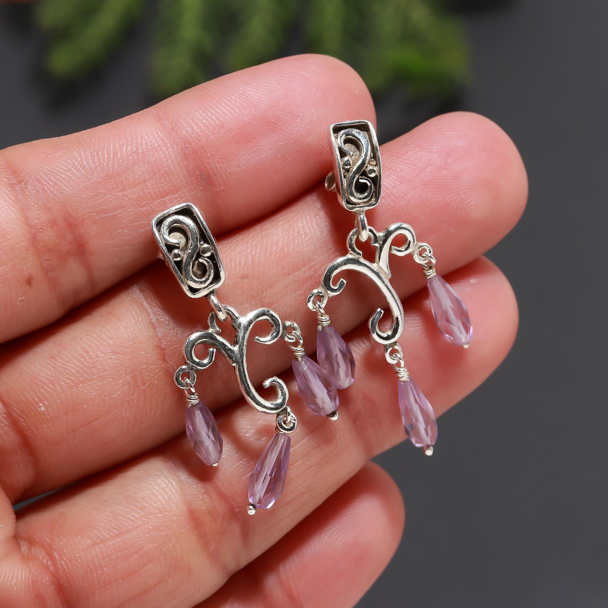 925 Silver Amethyst Scroll Drop Earrings