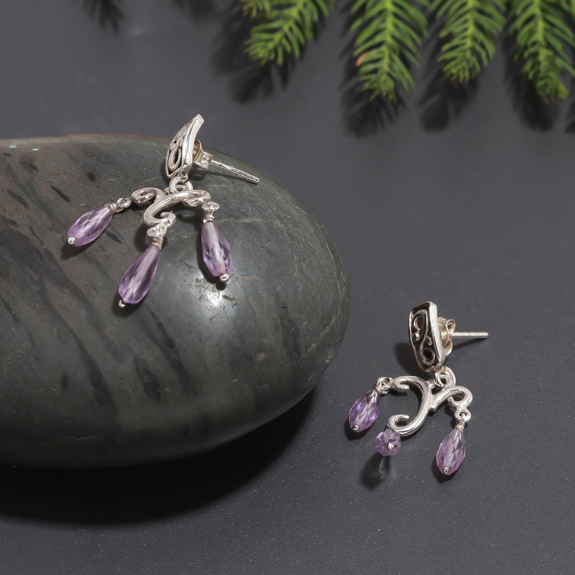 925 Silver Amethyst Scroll Drop Earrings