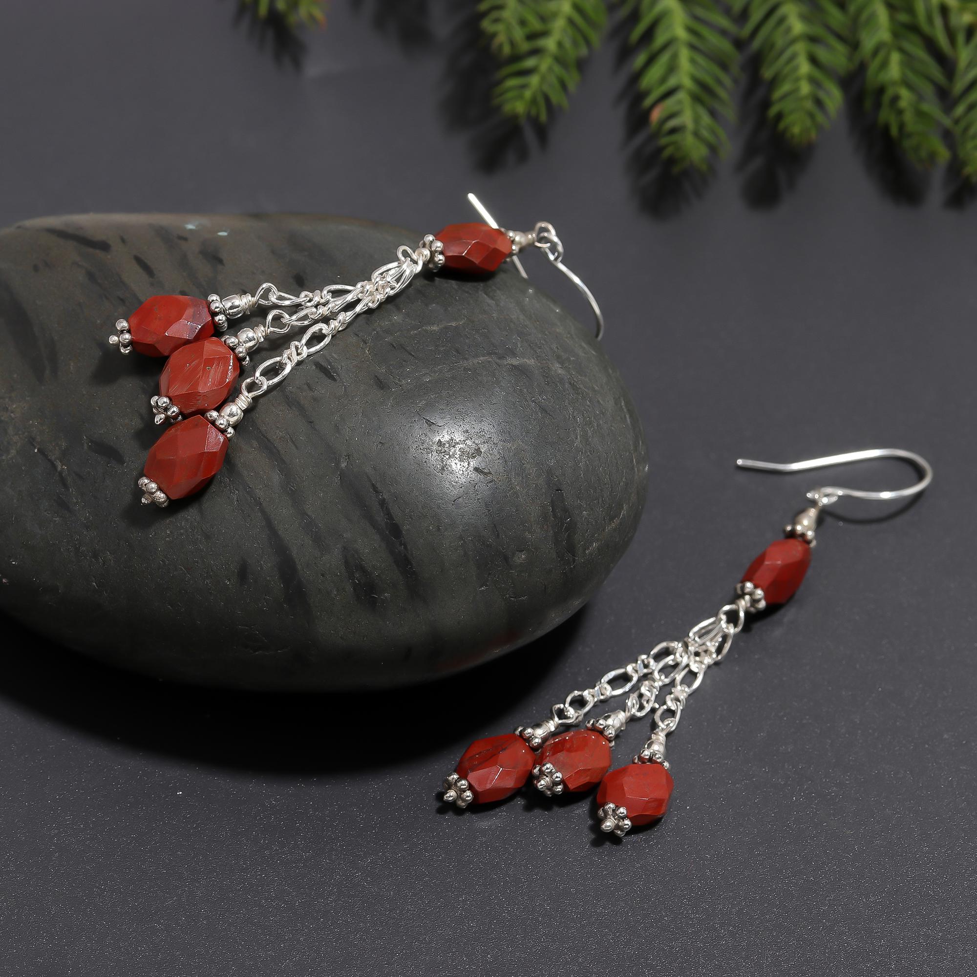 925 Silver Red Jasper Beads Long Dangle Earrings