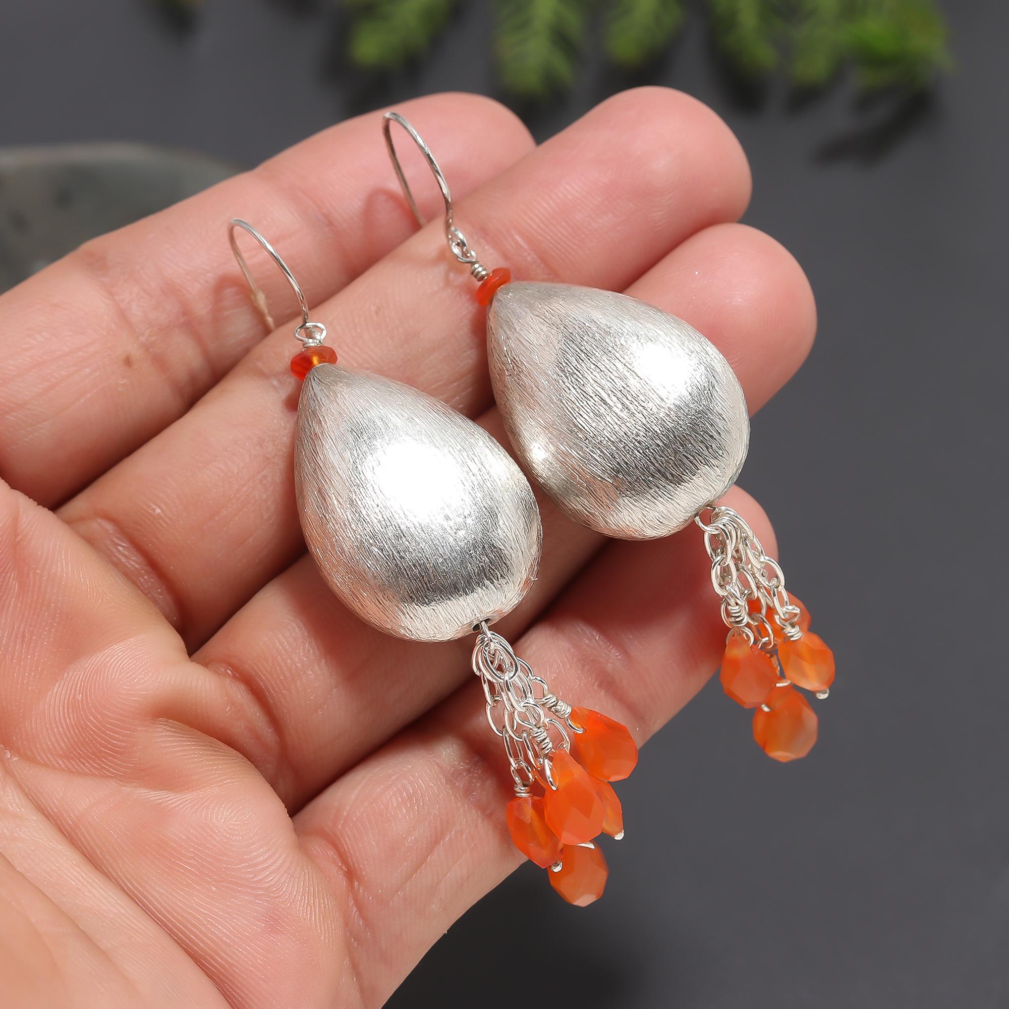 925 Silver Carnelian Bead Tassels Dangle Earrings