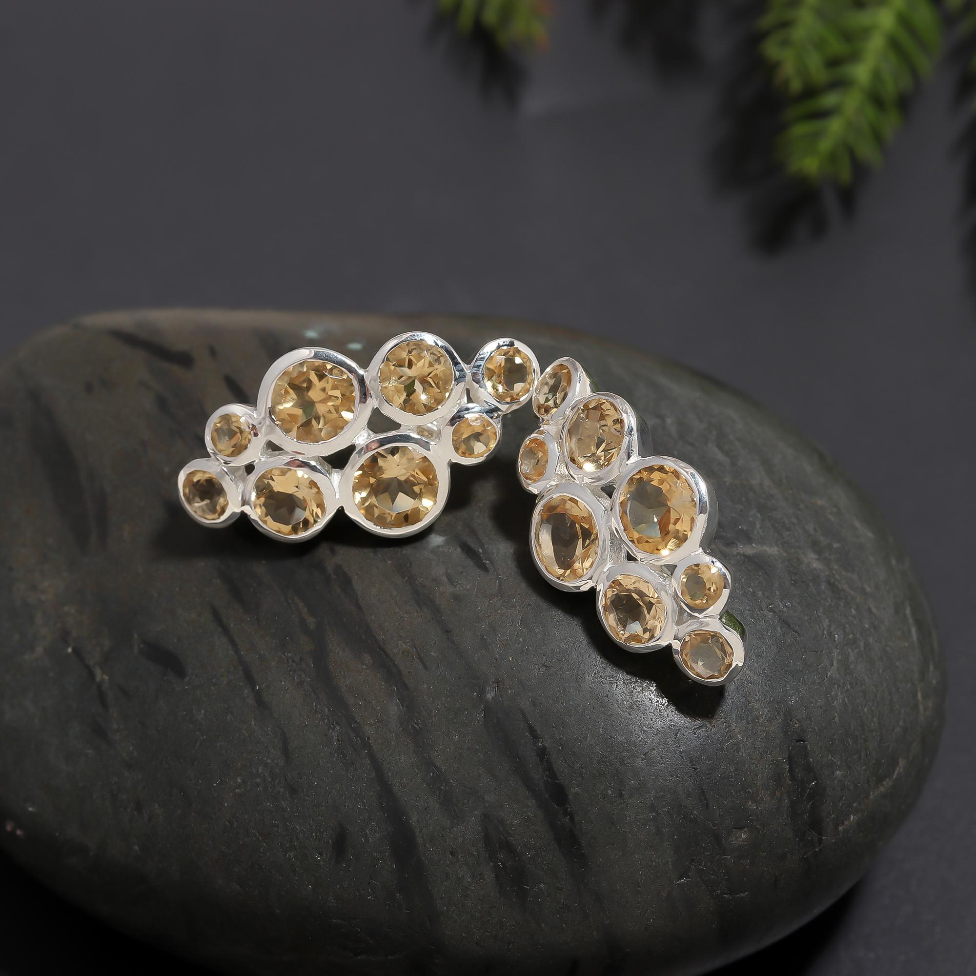 925 Silver Cluster Citrine Stud Earrings