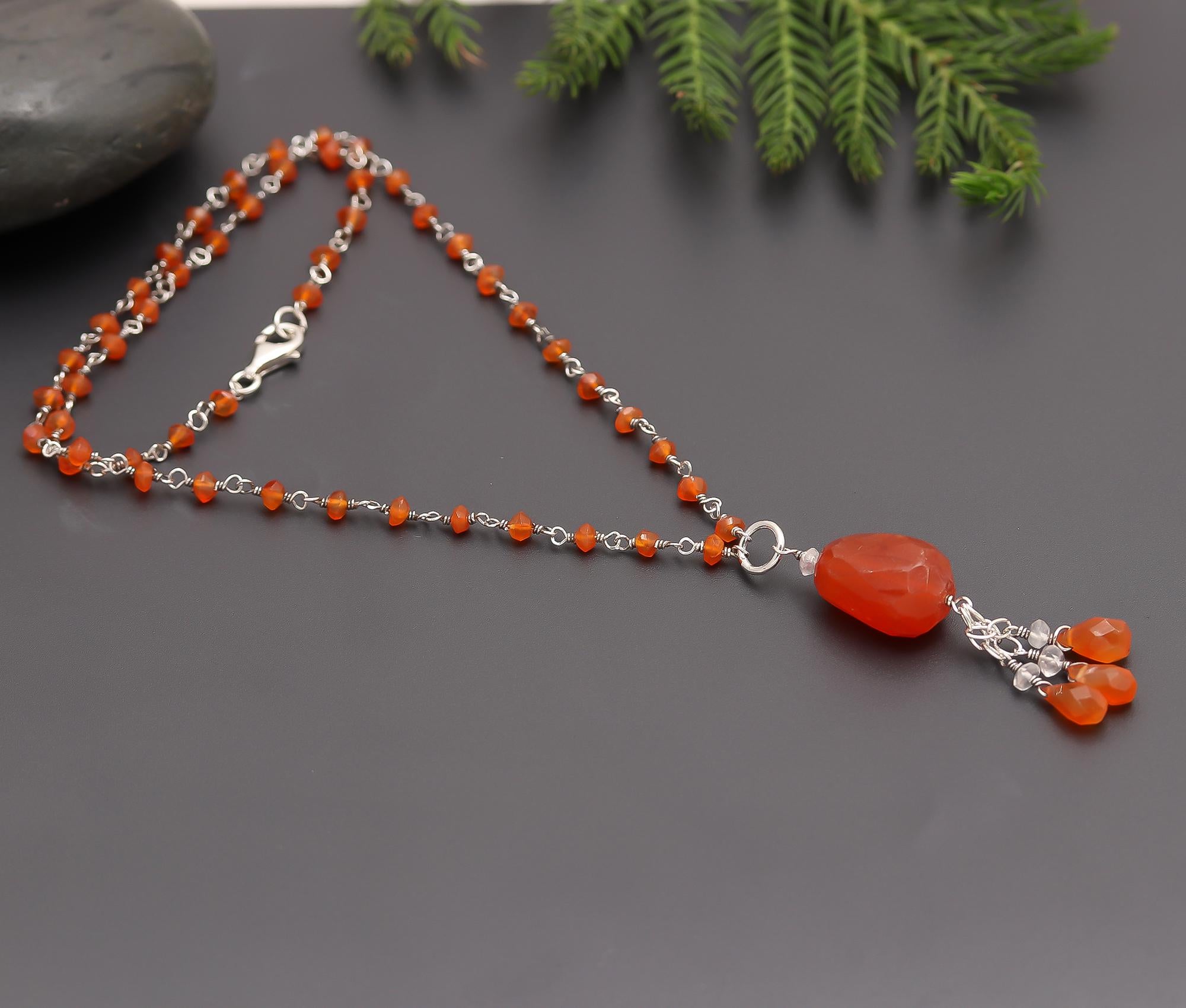 925 Silver Carnelian Beaded Pendant Necklace