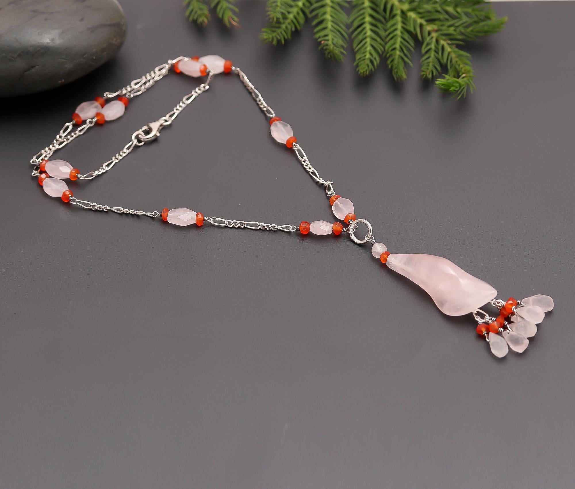 925 Silver Rose Quartz and Carnelian Pendant Necklace