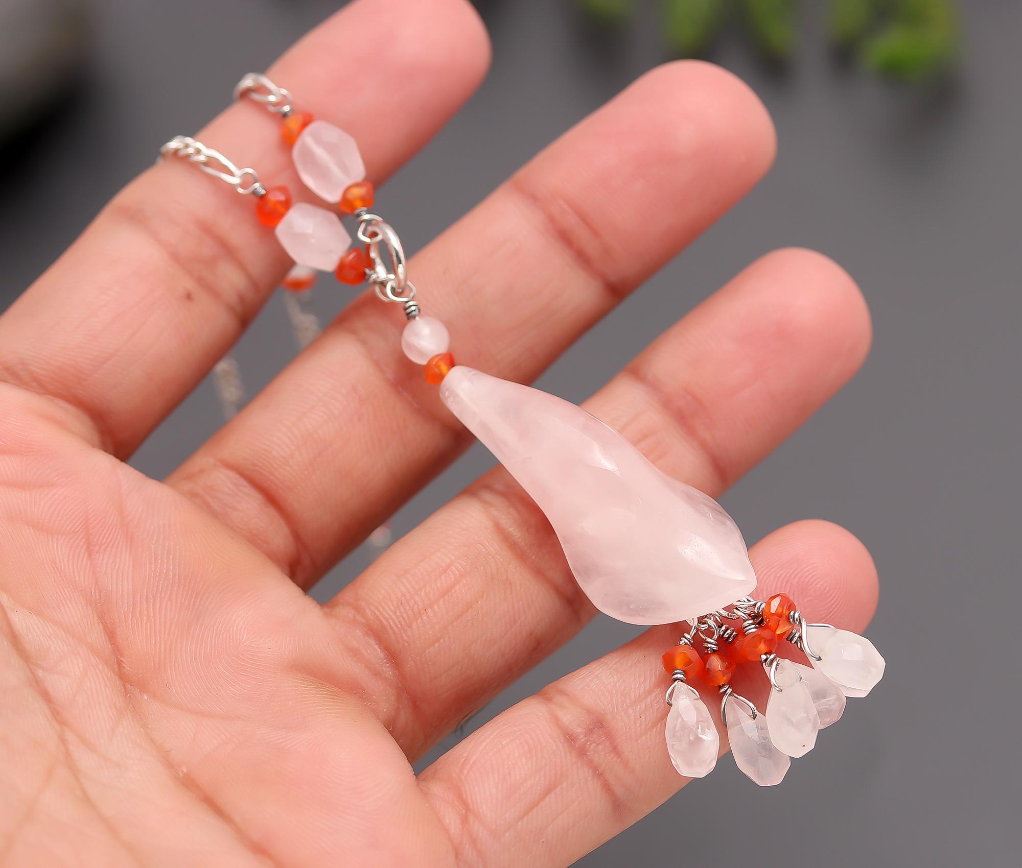 925 Silver Rose Quartz and Carnelian Pendant Necklace