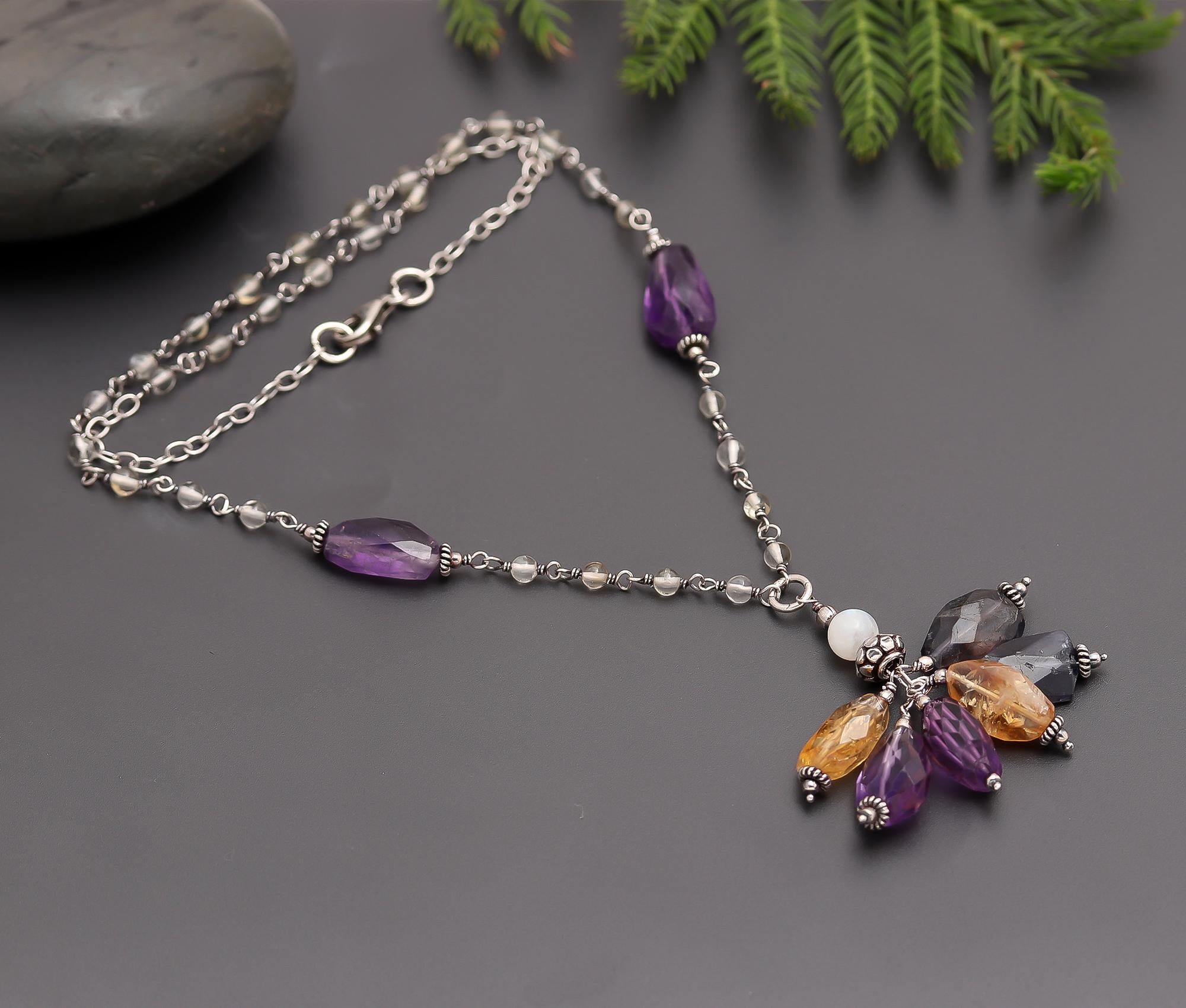 925 Silver Beads Cluster Drop Pendant Necklace