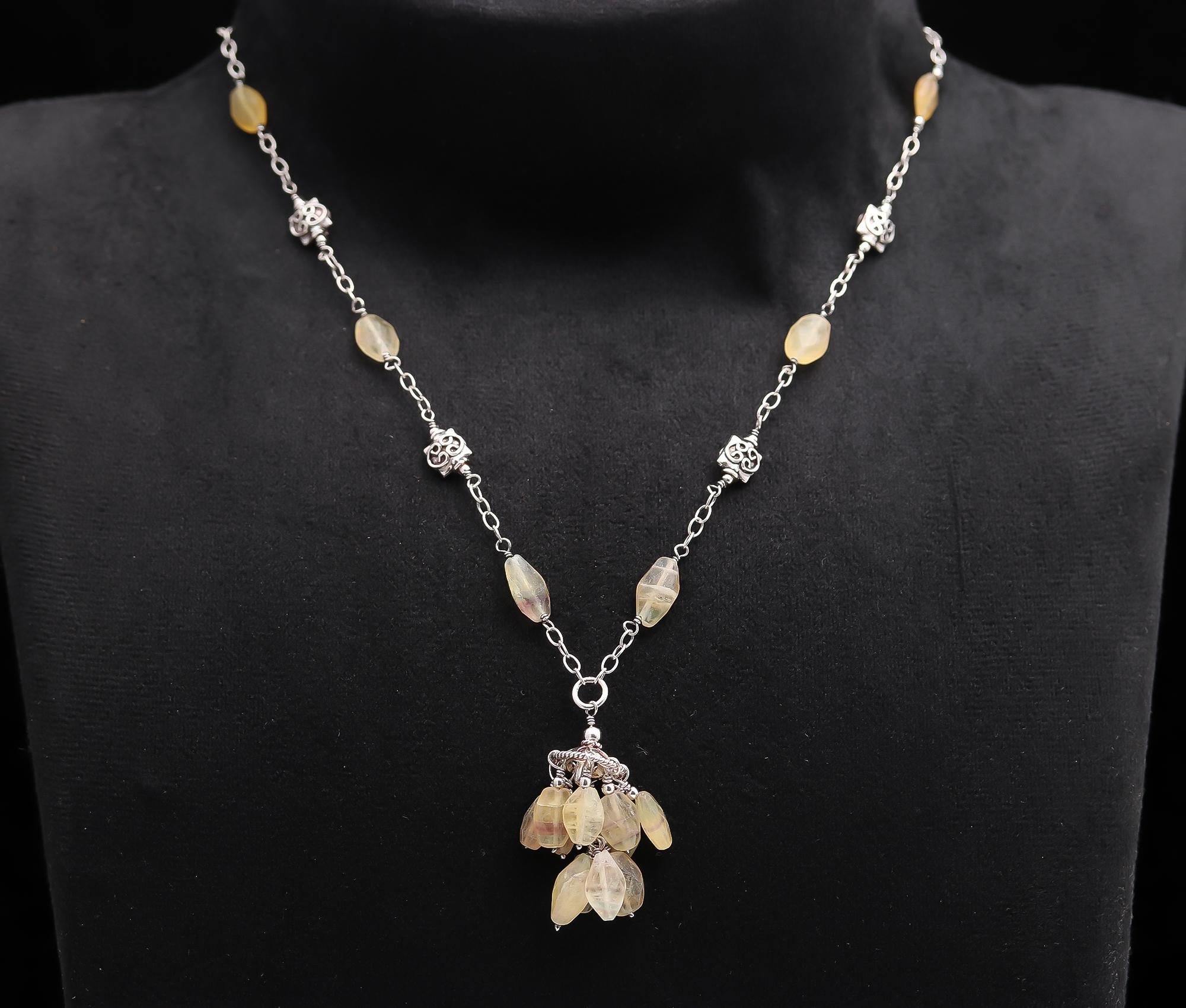 925 Silver Yellow Opal Beads Drop Pendant Necklace