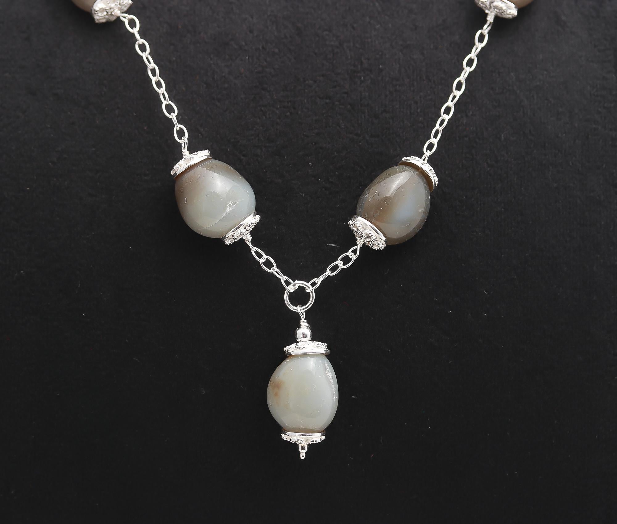 925 Silver Grey Agate Beads Necklace