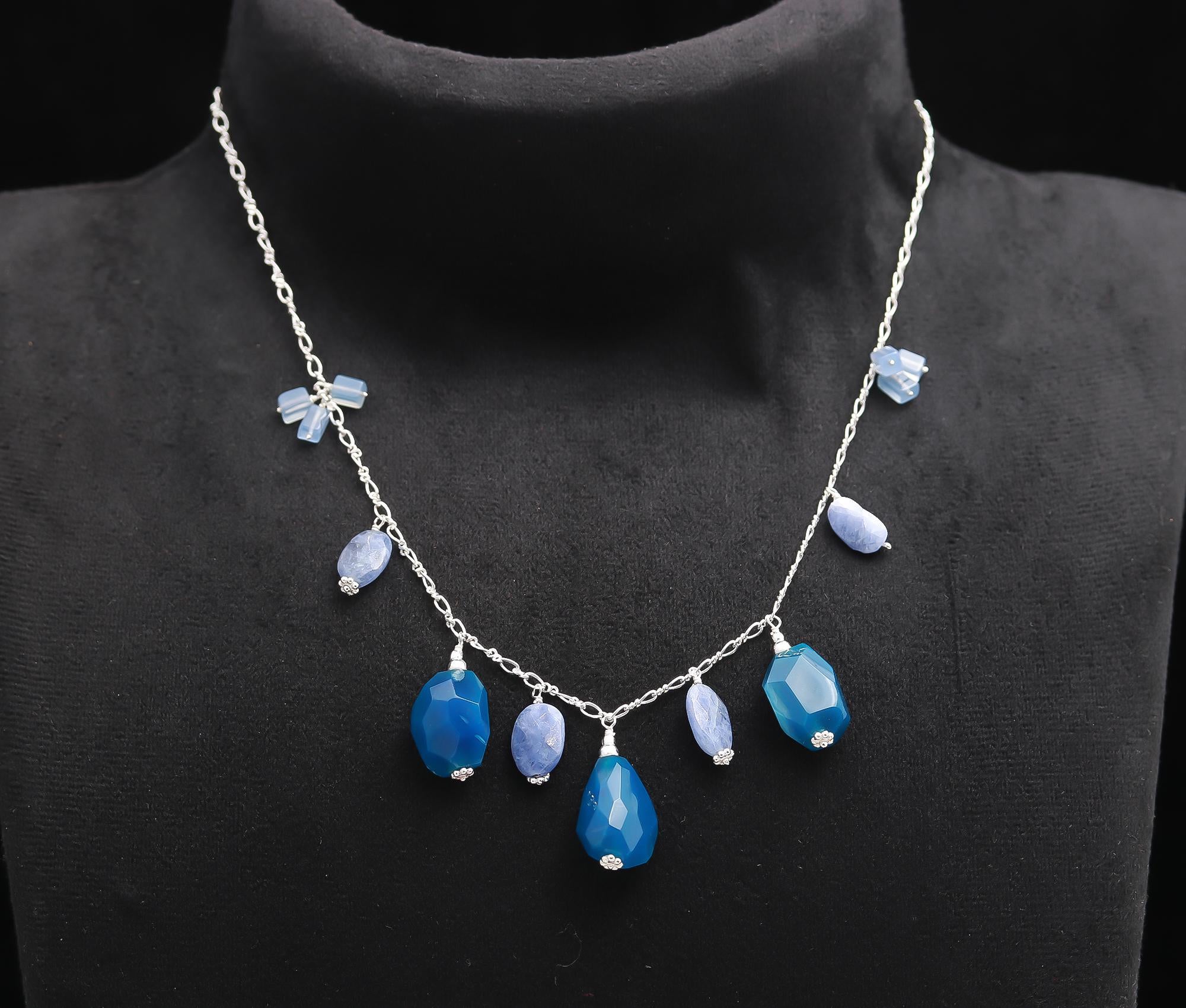 925 Silver Blue Chalcedony and Kyanite Beads Necklace