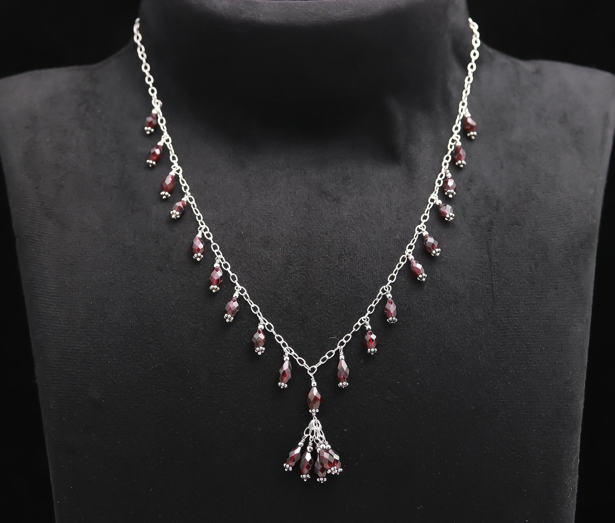 925 Silver Garnet Cluster Drop Necklace