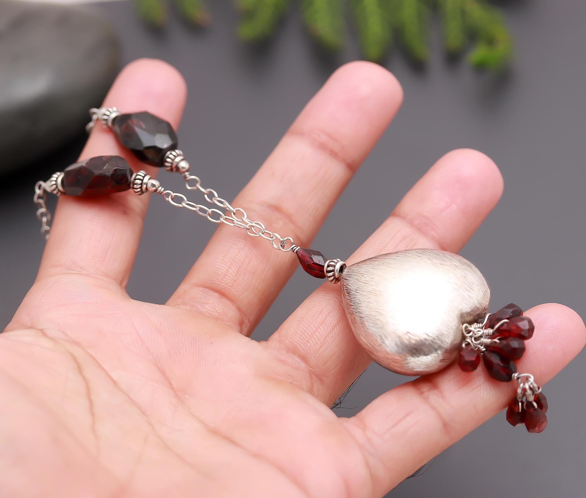 925 Silver Garnet Beads Heart Pendant Necklace
