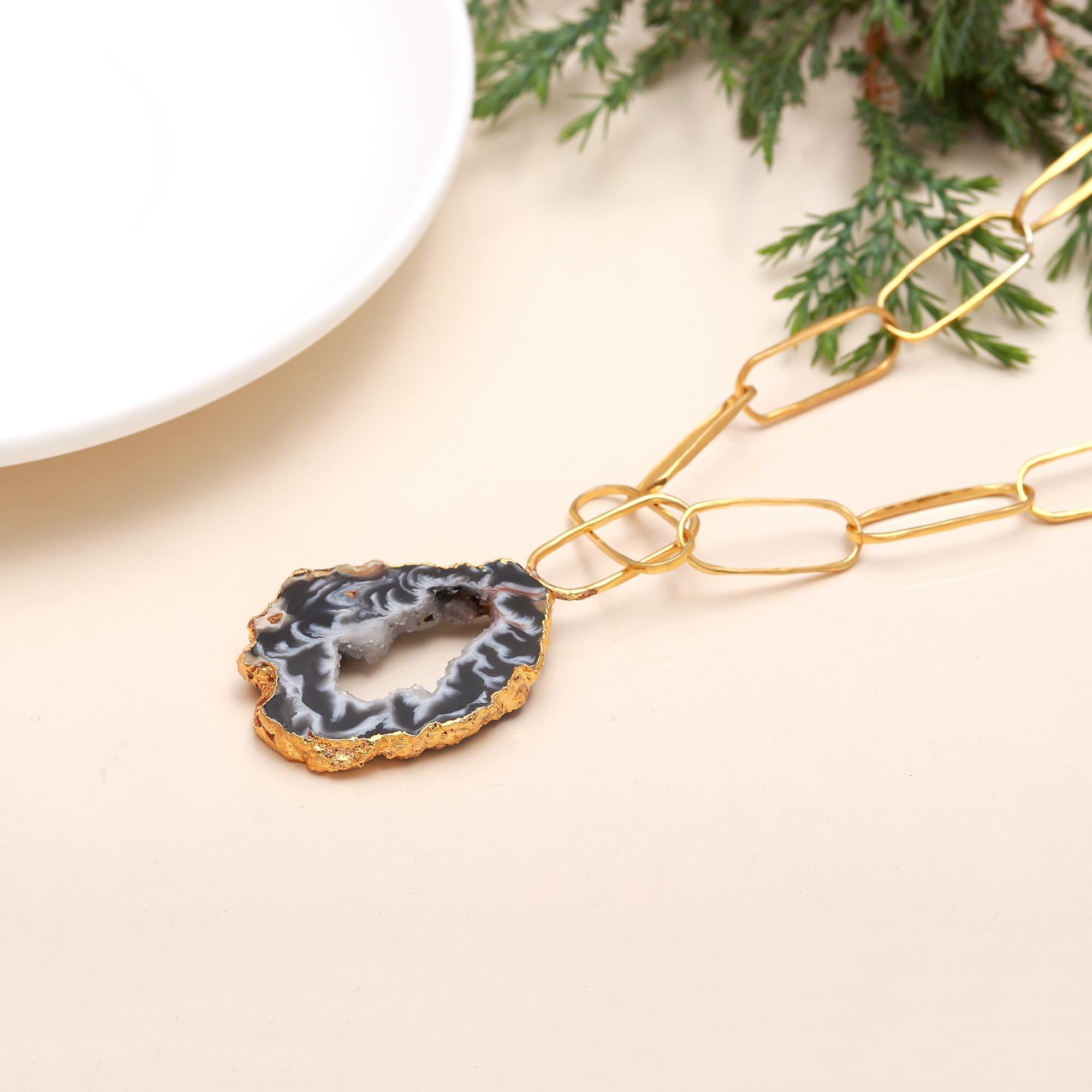 925 Silver Agate Slice Pendant Necklace