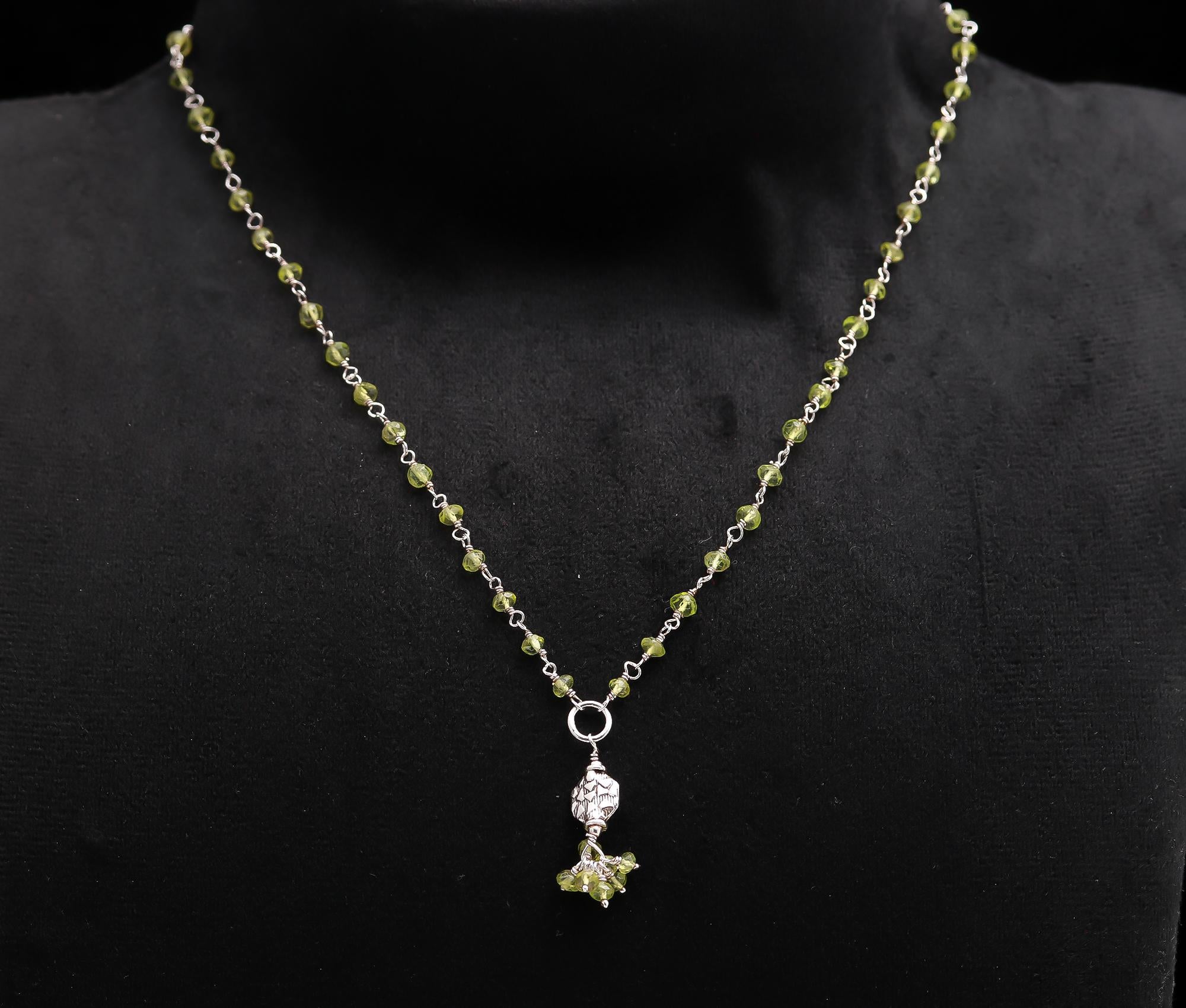 925 Silver Peridot Beaded Floral Pendant Necklace