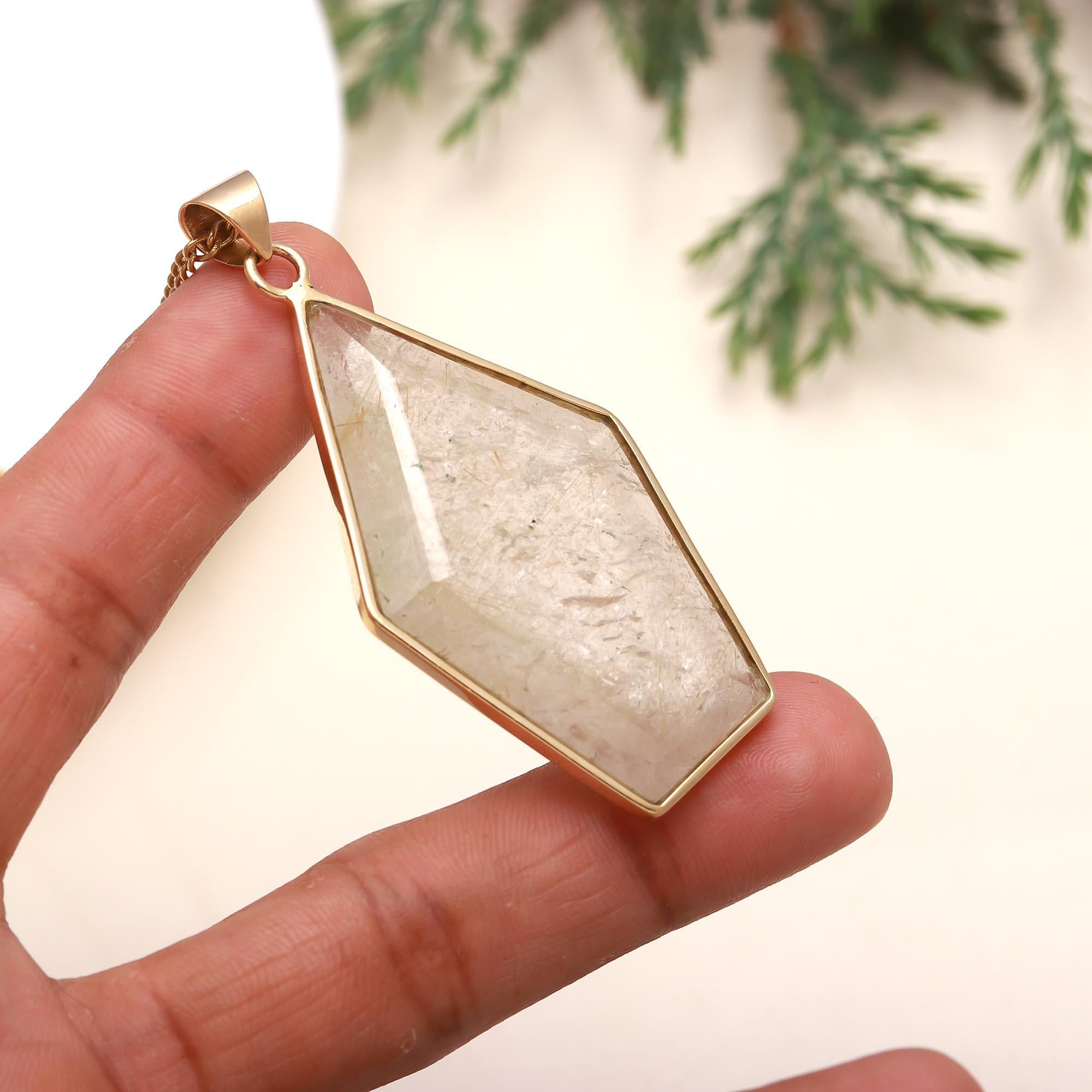 Designer Brass Pentagon Necklace with Golden Rutilated Quartz