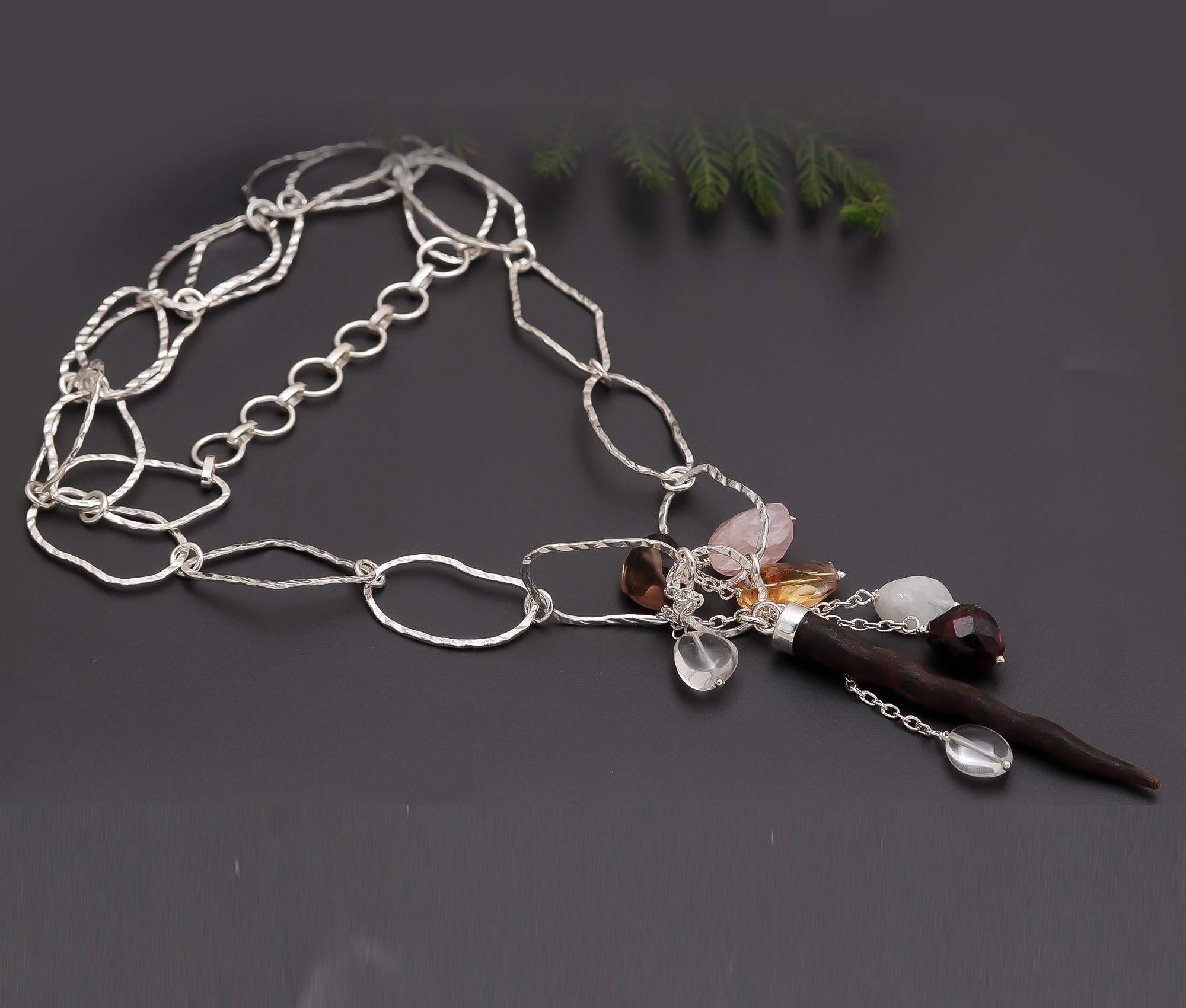 925 Silver Mixed Gemstones Horn Tusk Pendant Necklace