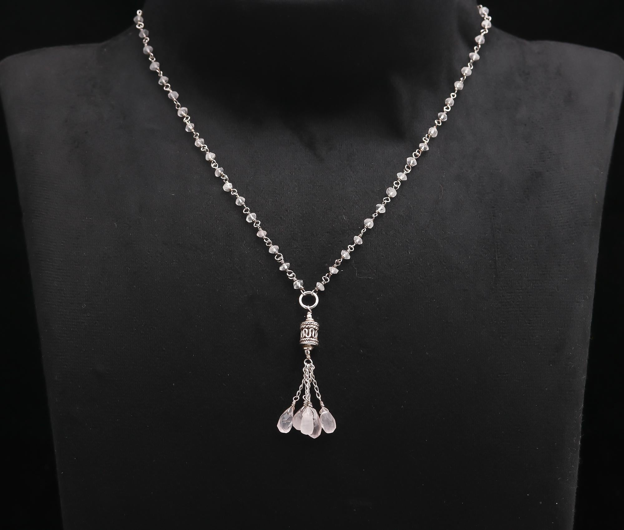 925 Silver Rose Quartz Tassel Pendant Necklace