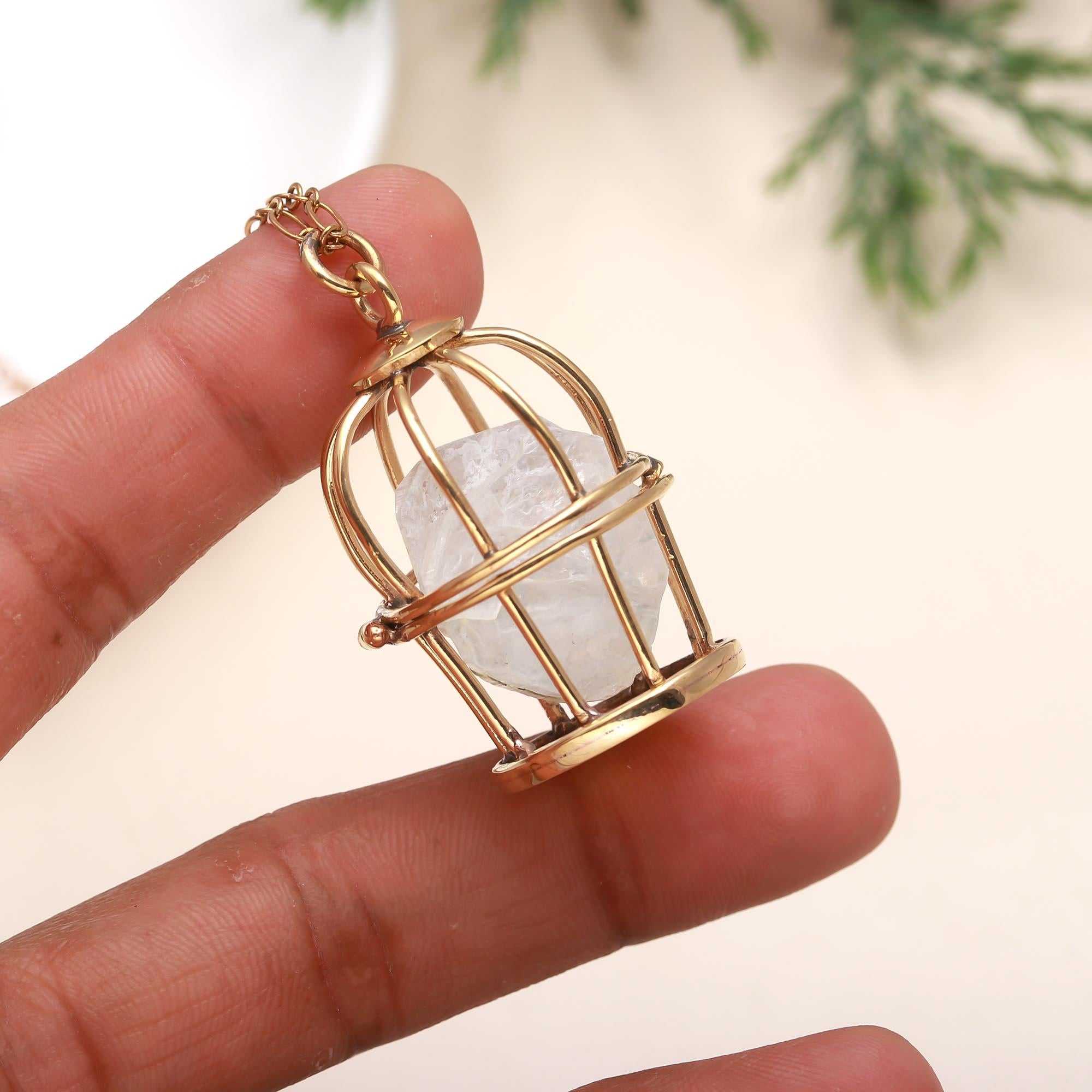 Designer 18 Brass Bird Cage Necklace with Drusy Gemstone