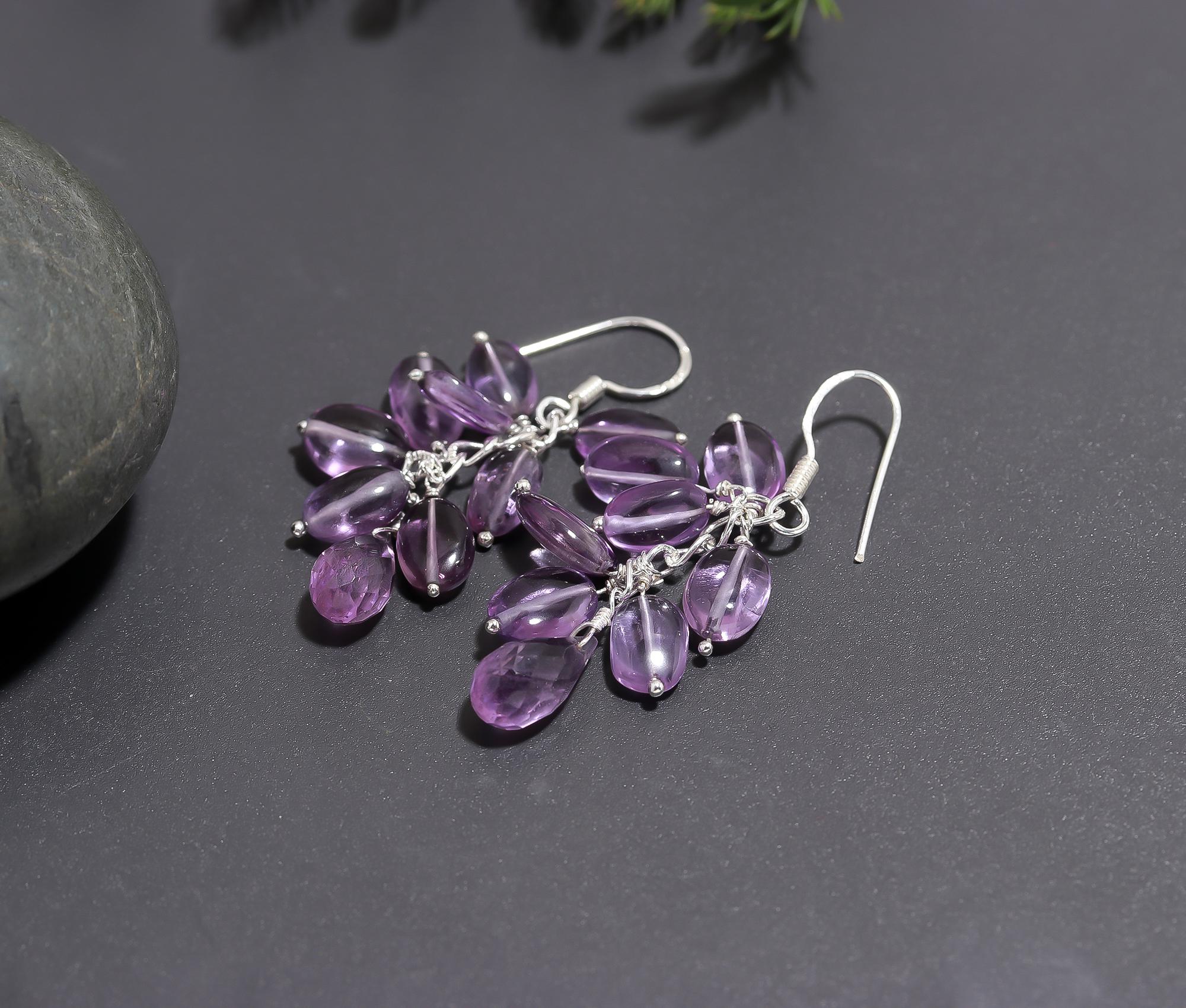 925 Silver Amethyst Beads Cluster Dangle Earrings