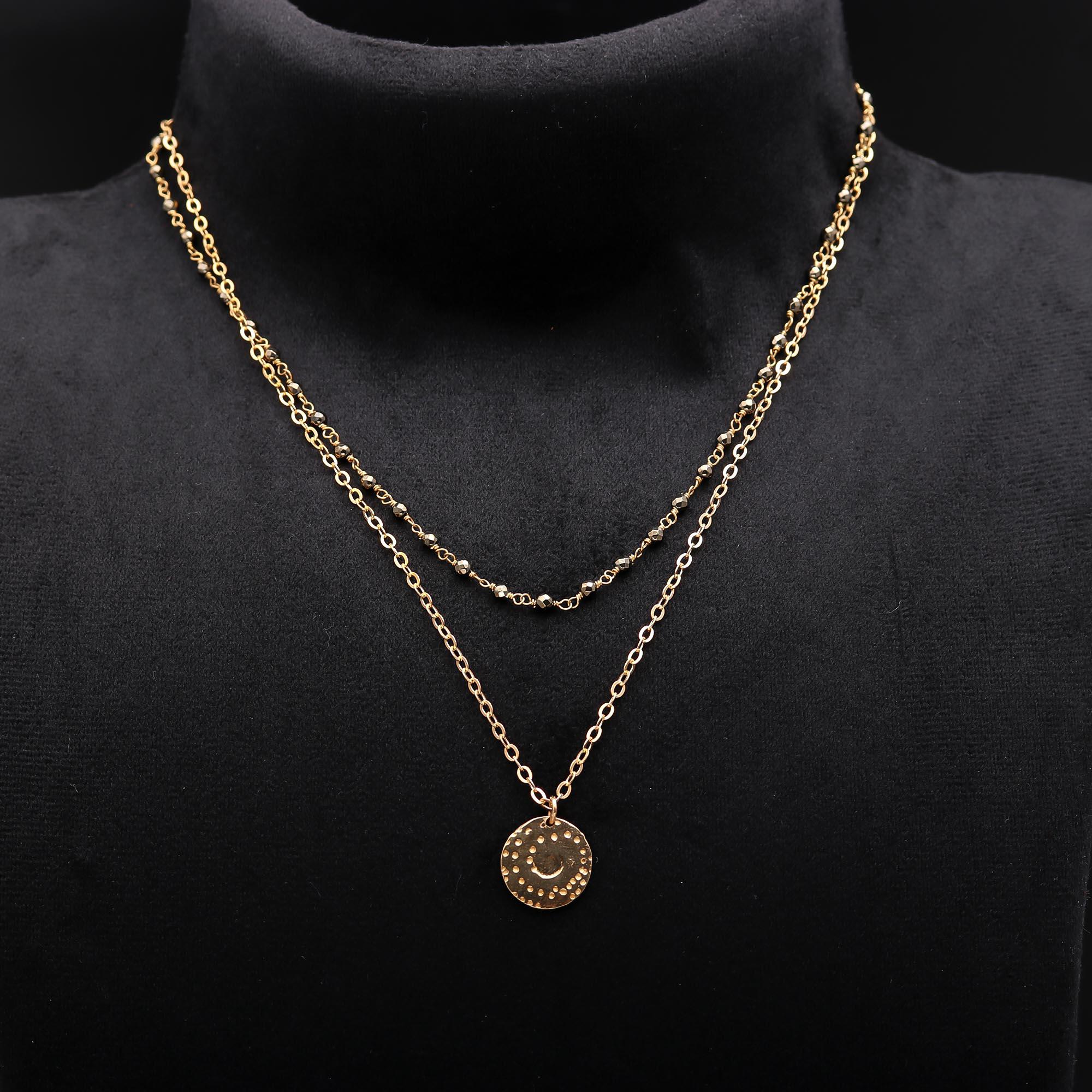 Brass Coin Necklace with Pyrite Gemstone