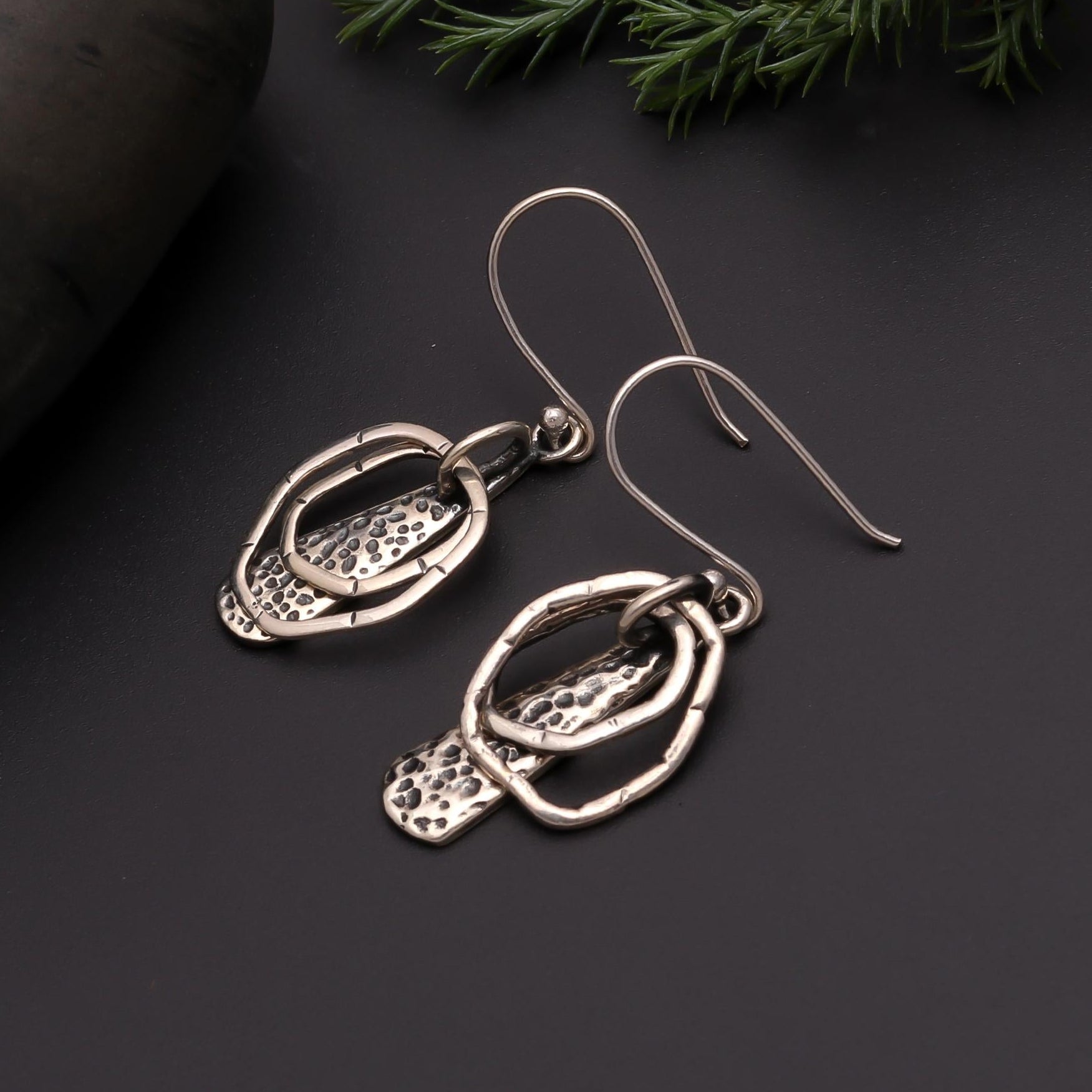 The Textured Geometry: Artisan Hammered Silver Earrings