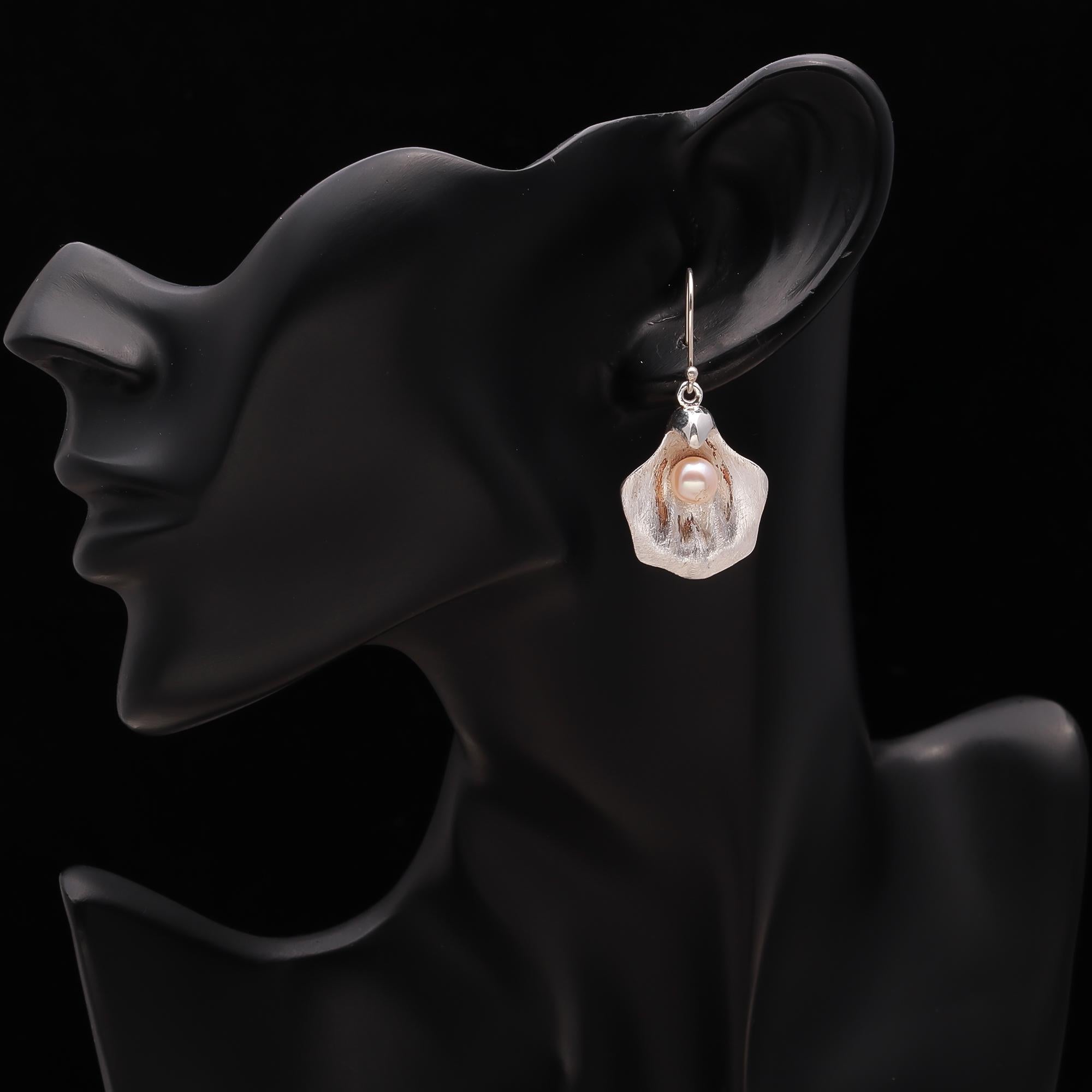 The Organic Bloom: Textured Silver & Pink Pearl Earrings