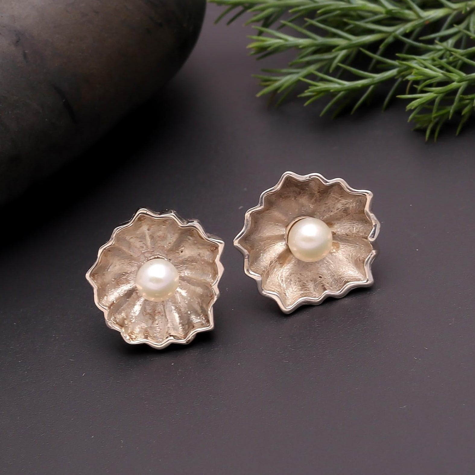 The Scalloped Blooms: Silver Textured Flower Studs
