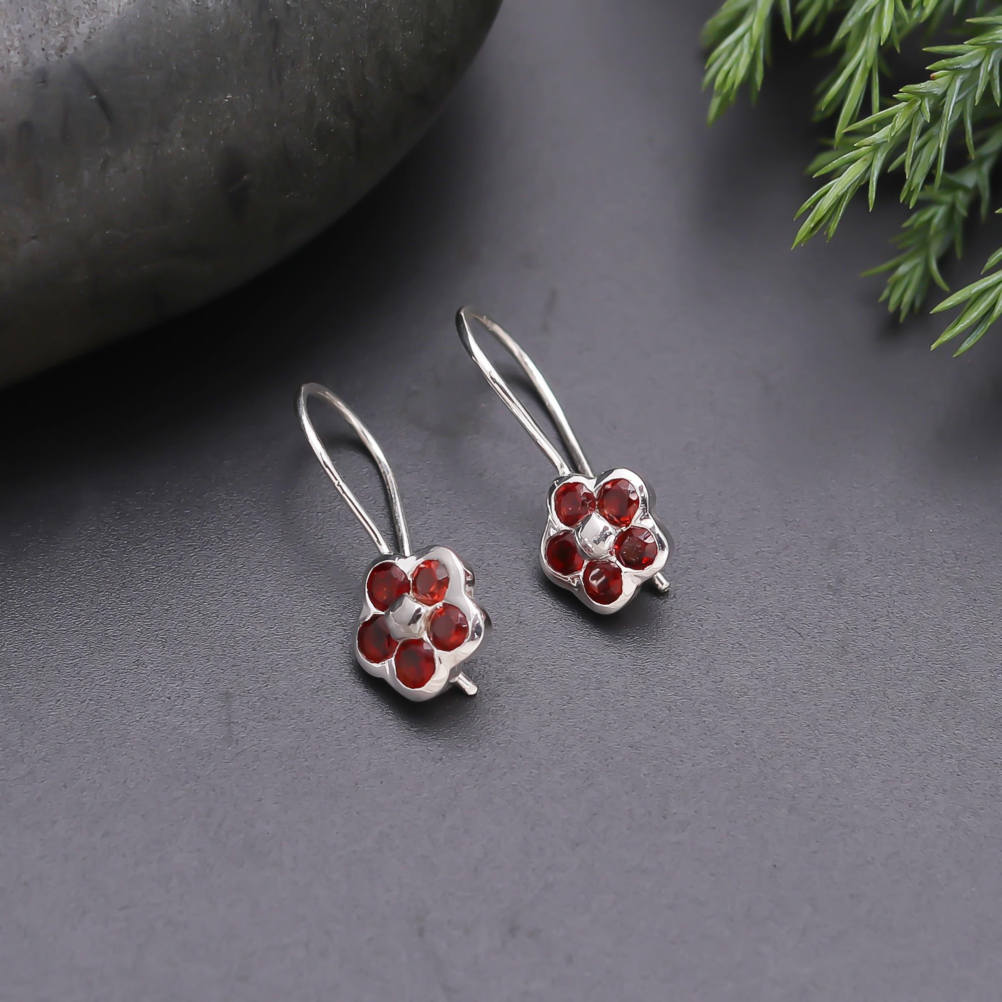 The Garnet Rosette: Silver Flower Earrings