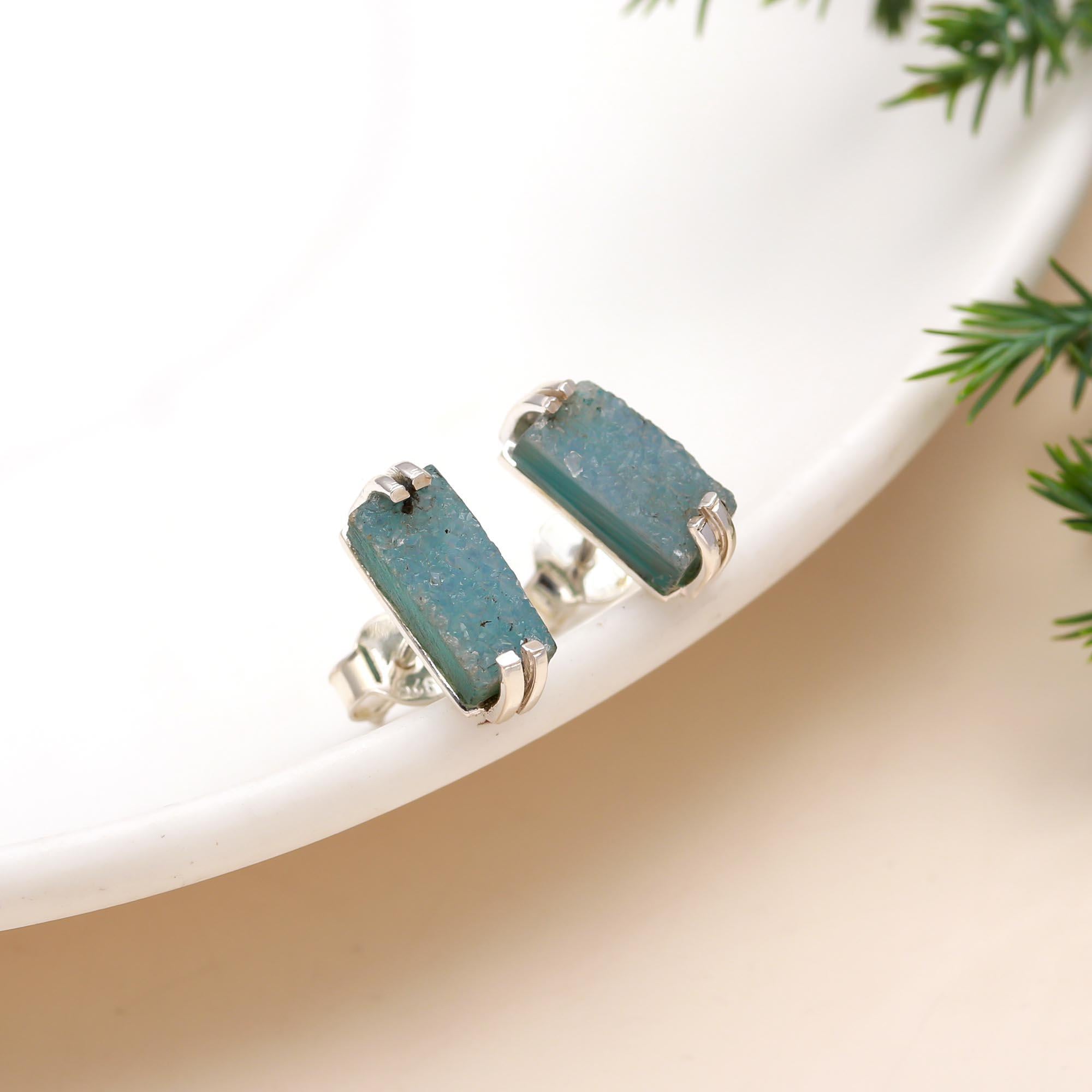 925 Sterling Silver Natural Blue Drusy Stud Earring