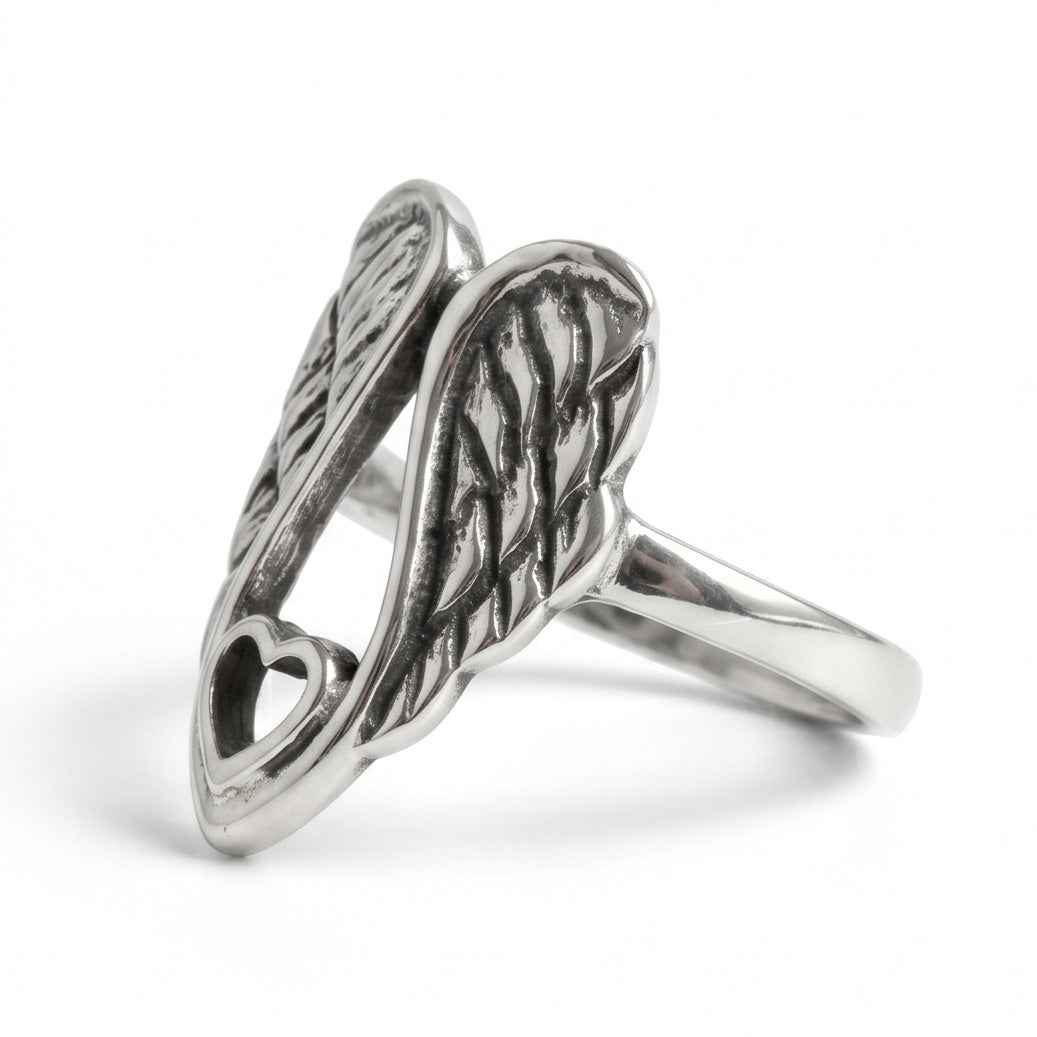 The Guardian's Embrace: Angel Wing Heart Silver Ring