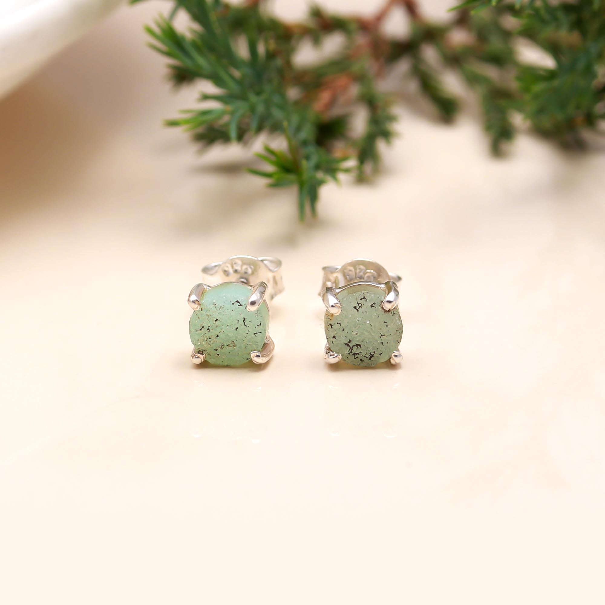 925 Sterling Silver Natural Aqua Drusy Stud Earring with Pushbacks