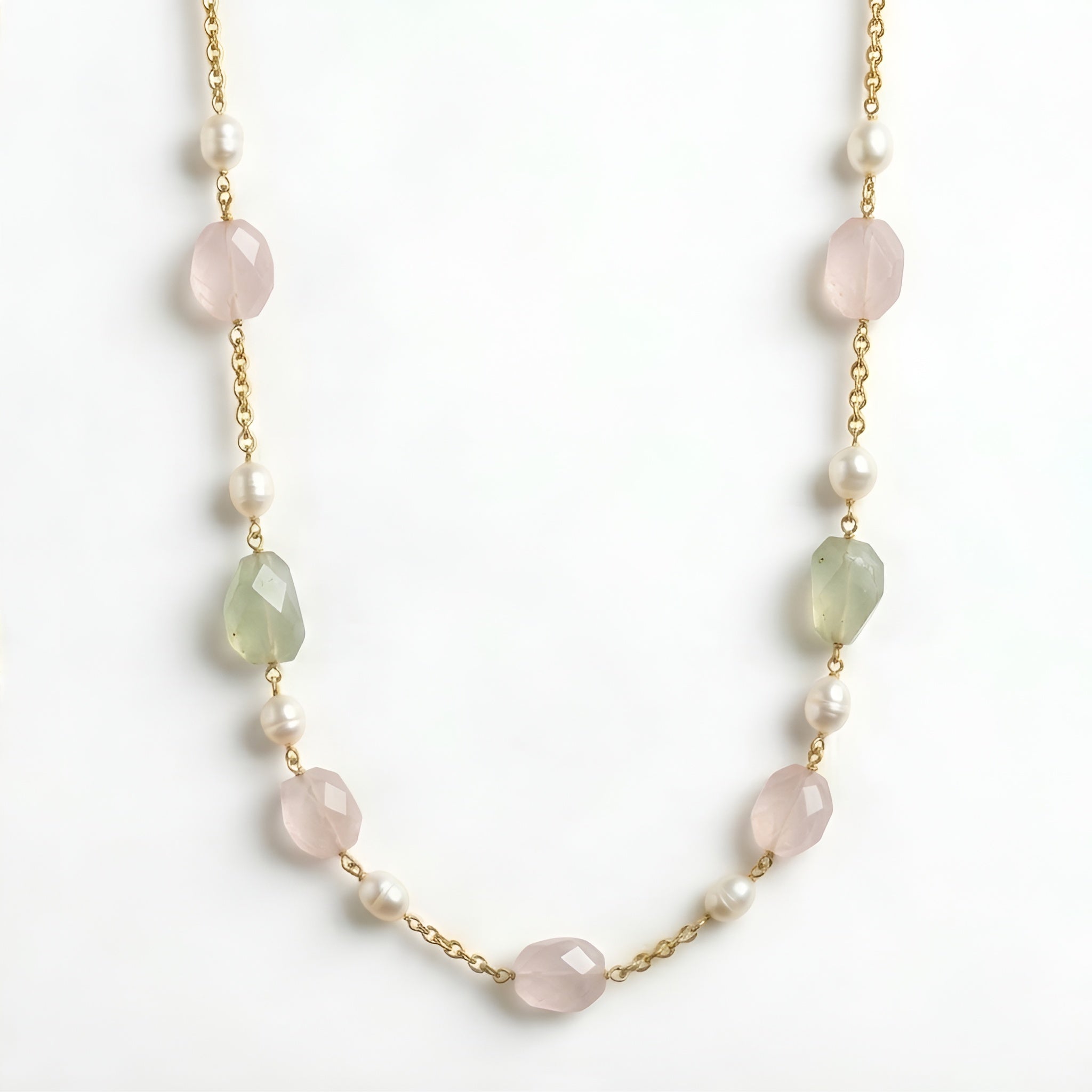 The Monet Garden: Rose Quartz, Prehnite & Pearl Station Necklace