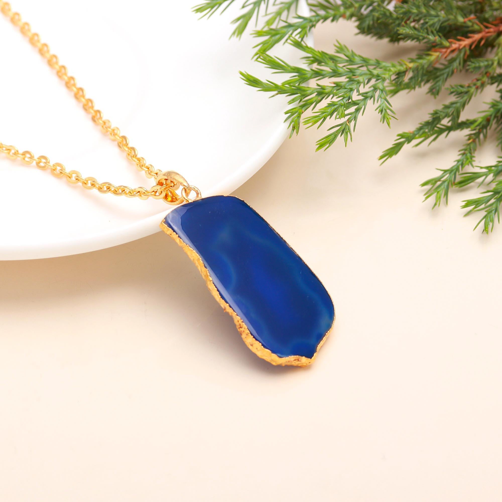 925 Silver Blue Agate Slice Pendant Necklace